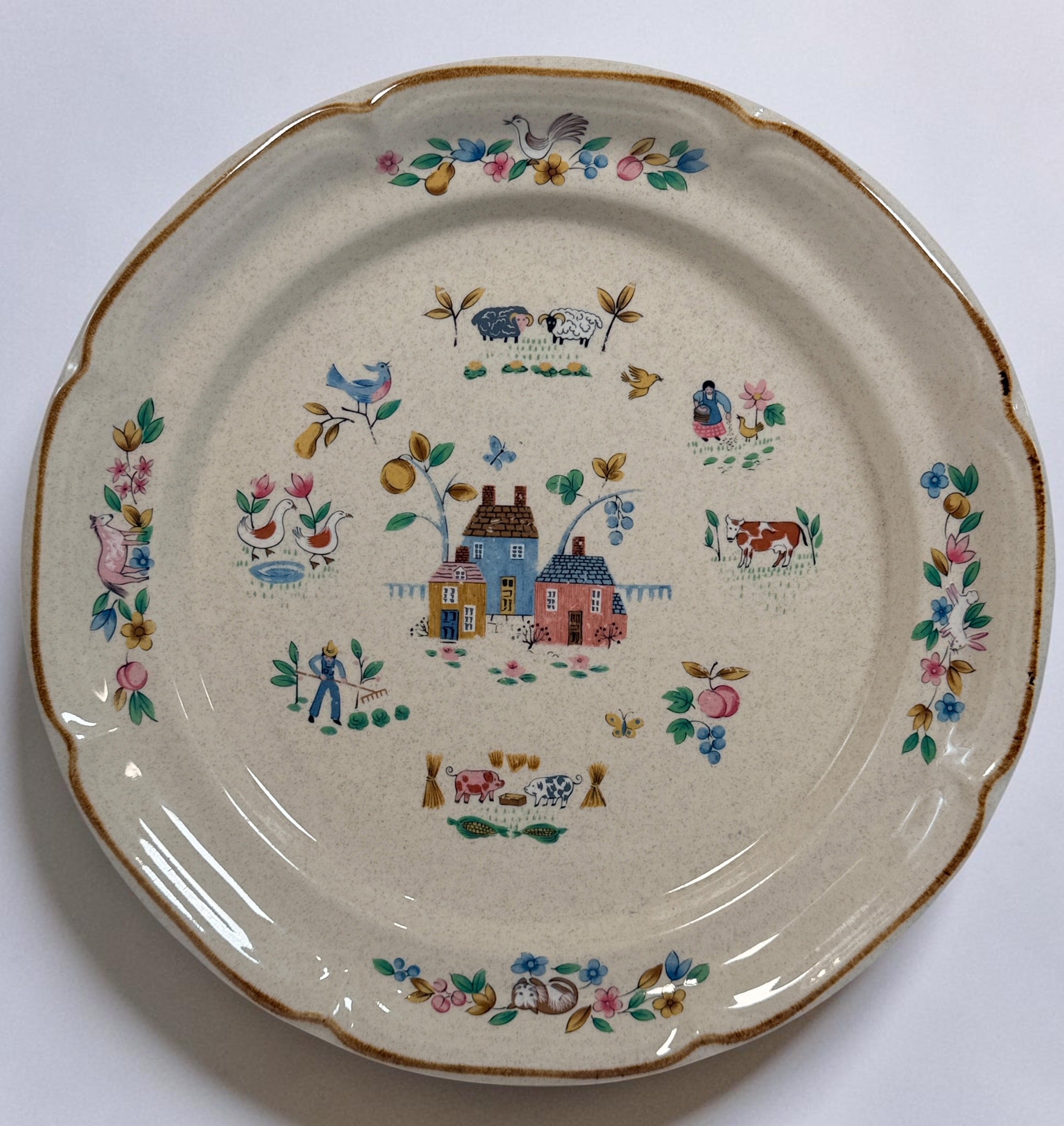 Vintage International China Heartland 7774 stoneware serving platter, made in Japan with colourful farmhouse, animal and floral design. 4 available.
