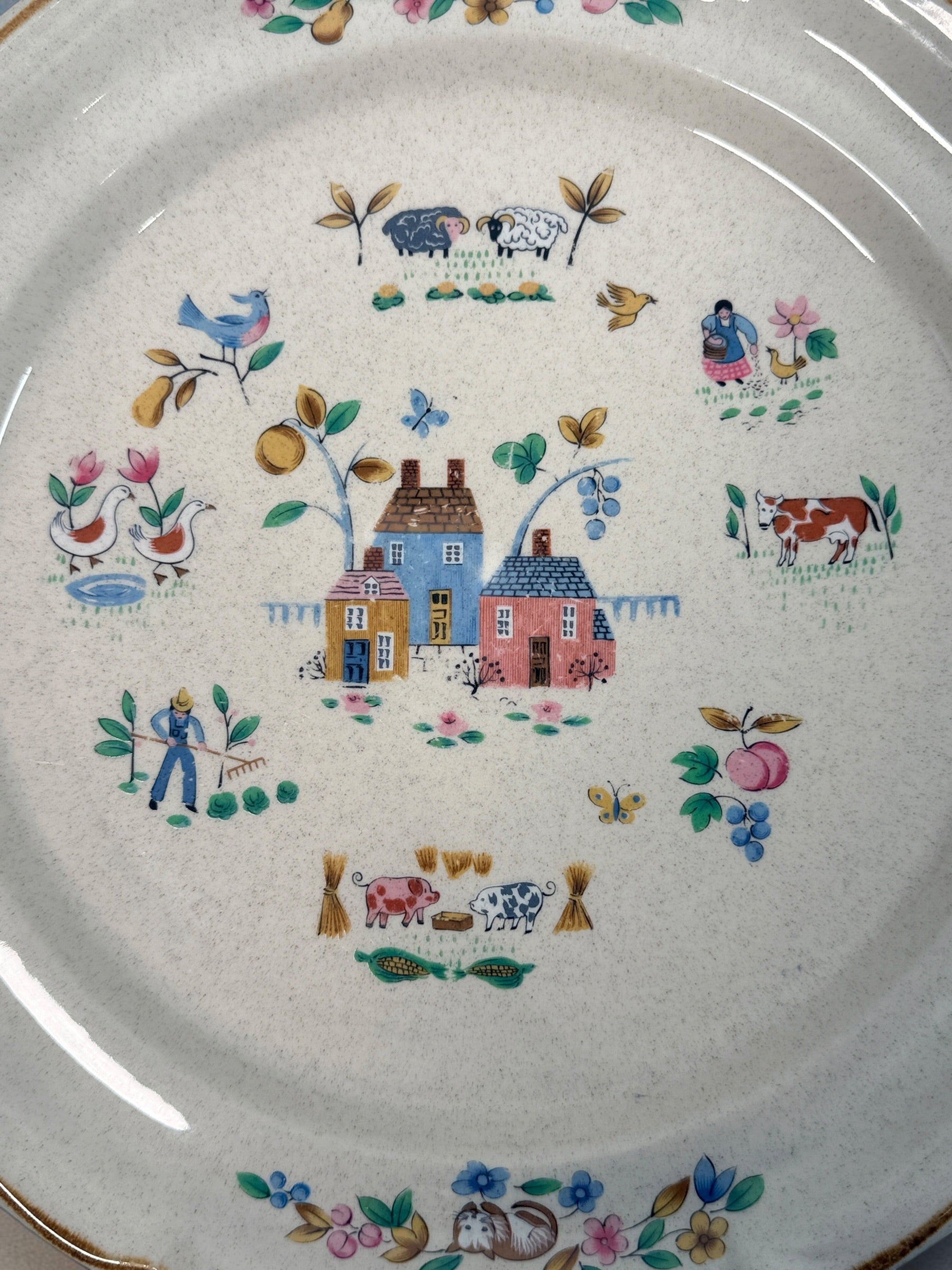 Vintage International China Heartland 7774 stoneware serving platter, made in Japan with colourful farmhouse, animal and floral design. 4 available.