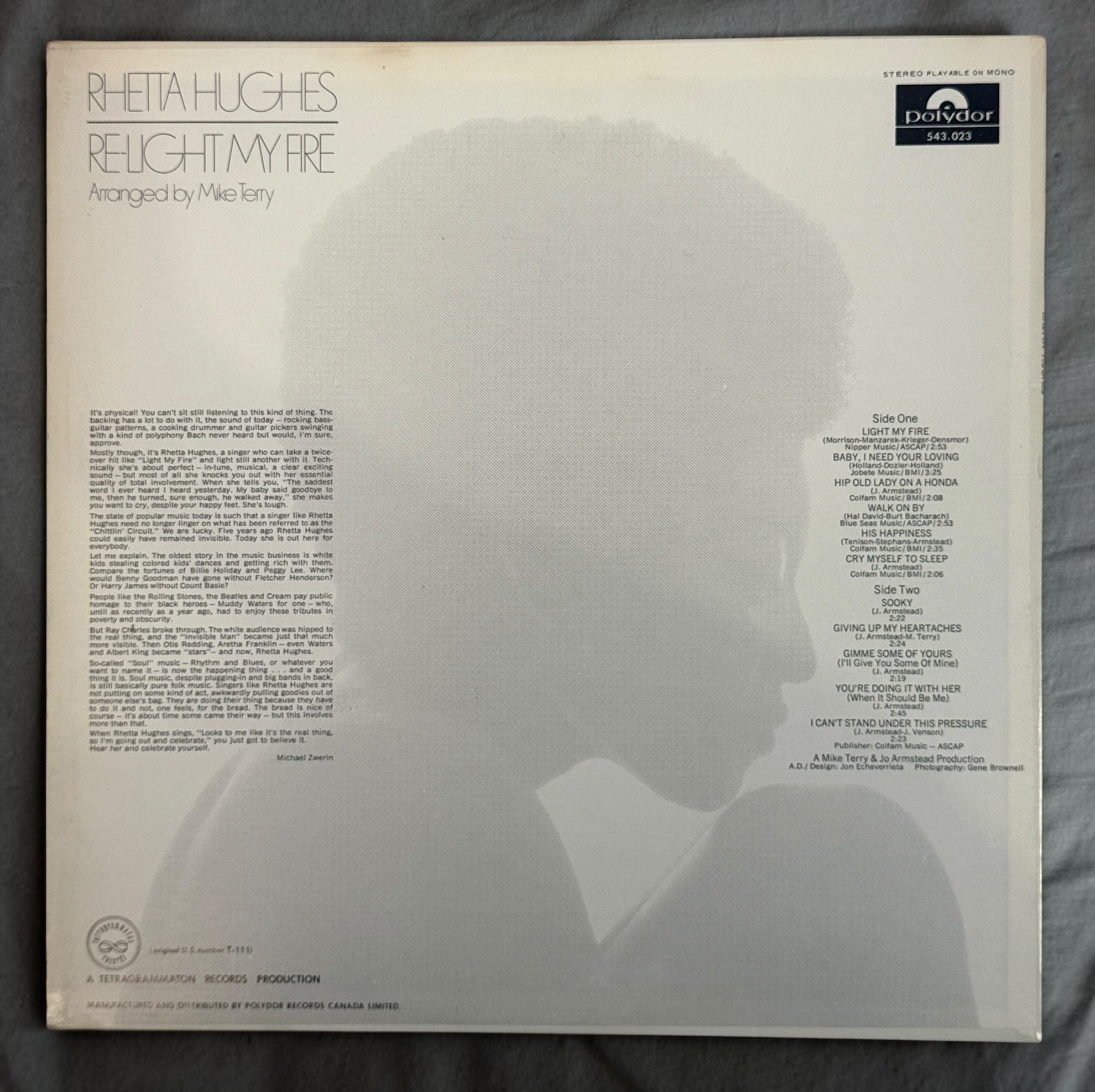 1969 Rhetta Hughes Re-Light My Fire vinyl LP, Canadian Polydor 543.023 pressing. Collectible vintage soul and R&amp;B record made in Canada.