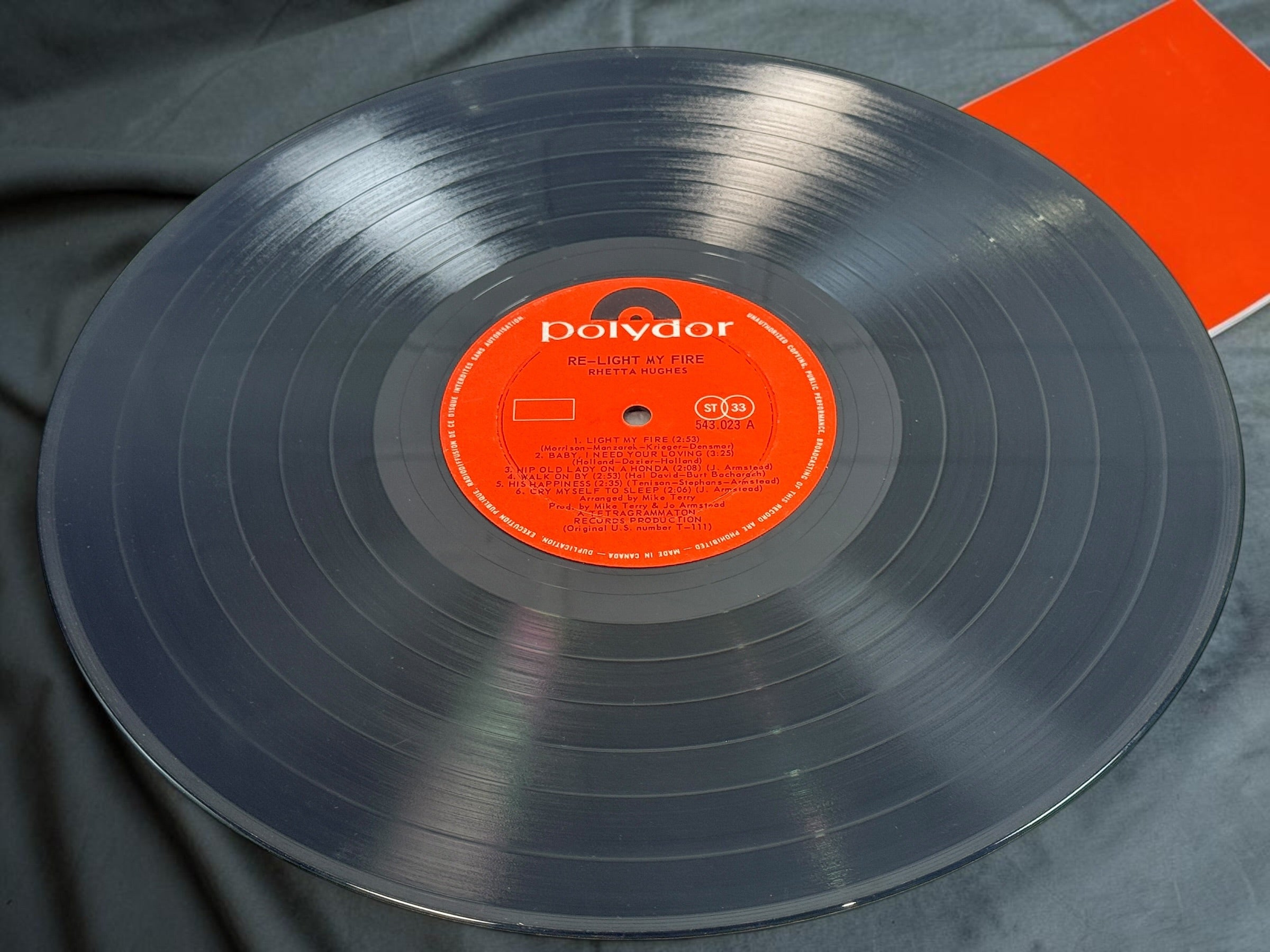 1969 Rhetta Hughes Re-Light My Fire vinyl LP, Canadian Polydor 543.023 pressing. Collectible vintage soul and R&amp;B record made in Canada.