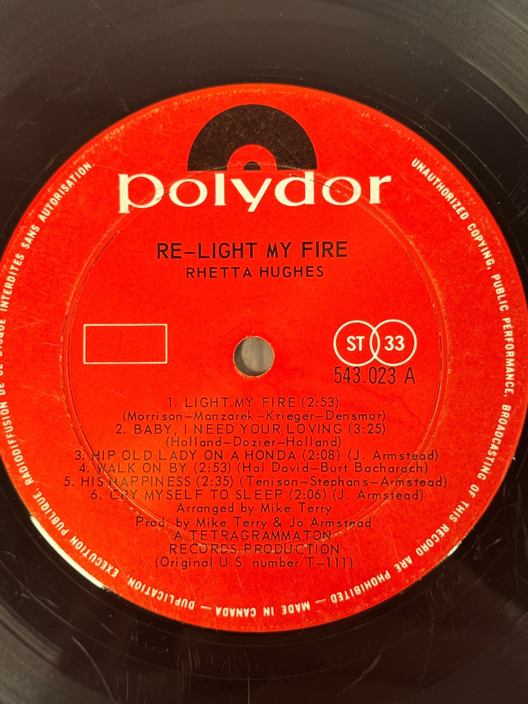 1969 Rhetta Hughes Re-Light My Fire vinyl LP, Canadian Polydor 543.023 pressing. Collectible vintage soul and R&amp;B record made in Canada.
