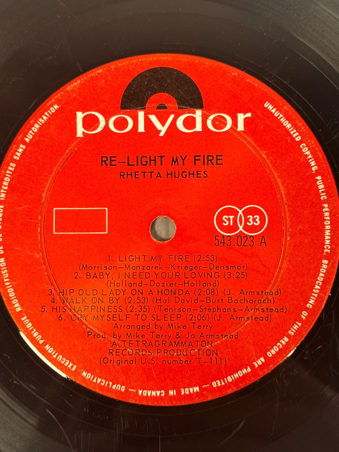 1969 Rhetta Hughes Re-Light My Fire vinyl LP, Canadian Polydor 543.023 pressing. Collectible vintage soul and R&amp;B record made in Canada.