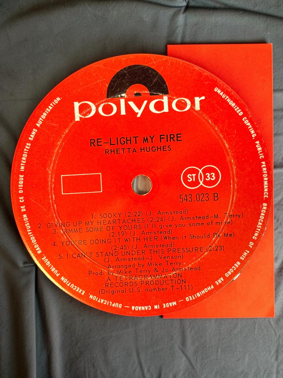 1969 Rhetta Hughes Re-Light My Fire vinyl LP, Canadian Polydor 543.023 pressing. Collectible vintage soul and R&amp;B record made in Canada.
