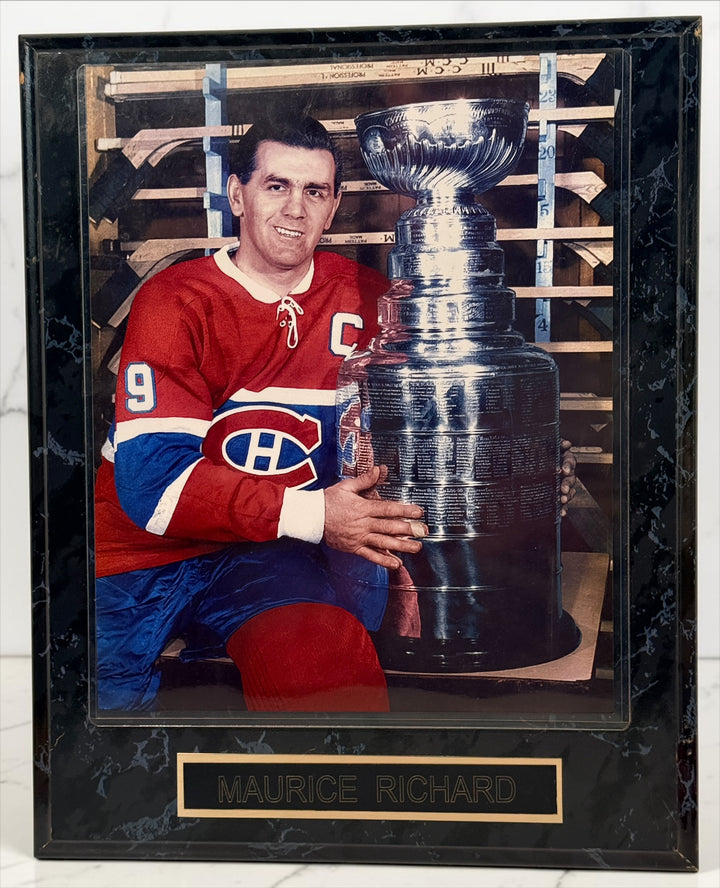 Vintage Maurice Richard framed Stanley Cup photo with Montreal Canadiens No. 9 jersey and nameplate. Classic Rocket Richard hockey memorabilia.