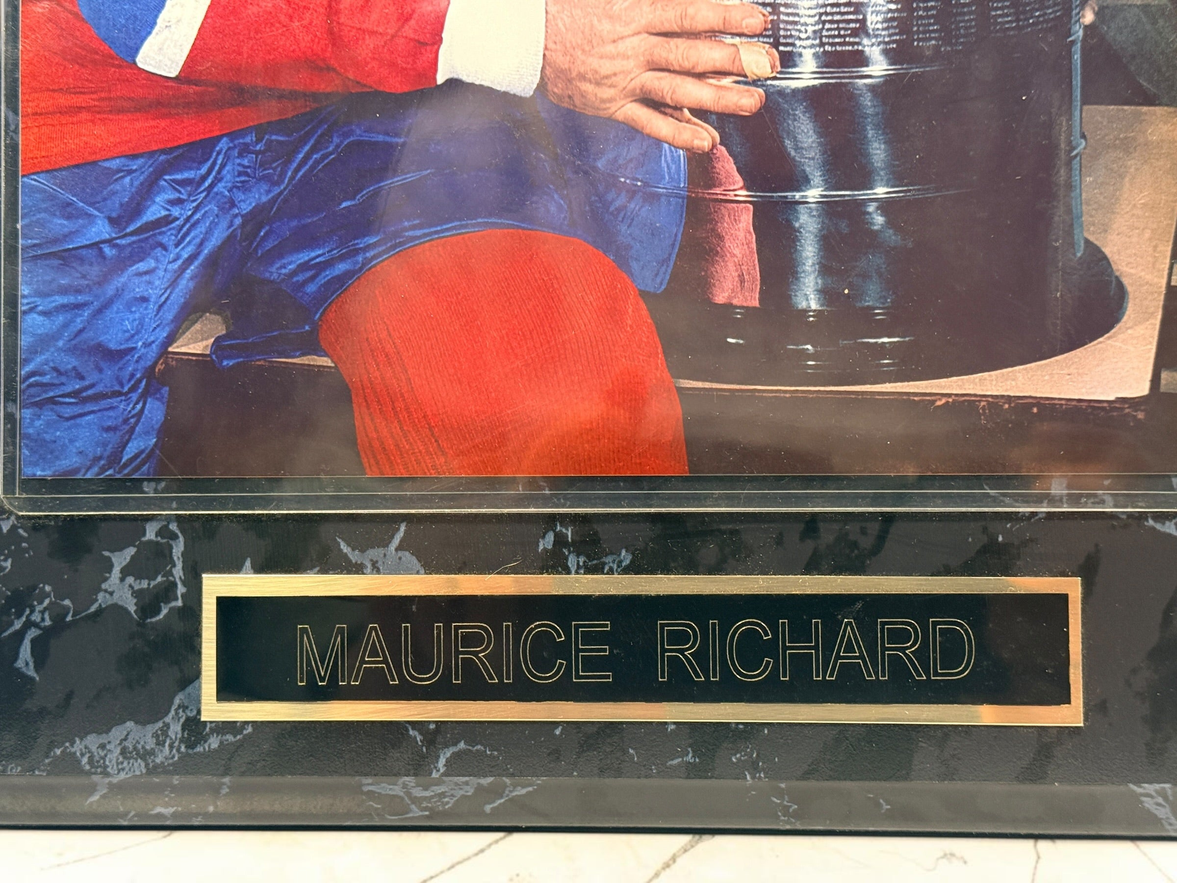 Vintage Maurice Richard framed Stanley Cup photo with Montreal Canadiens No. 9 jersey and nameplate. Classic Rocket Richard hockey memorabilia.