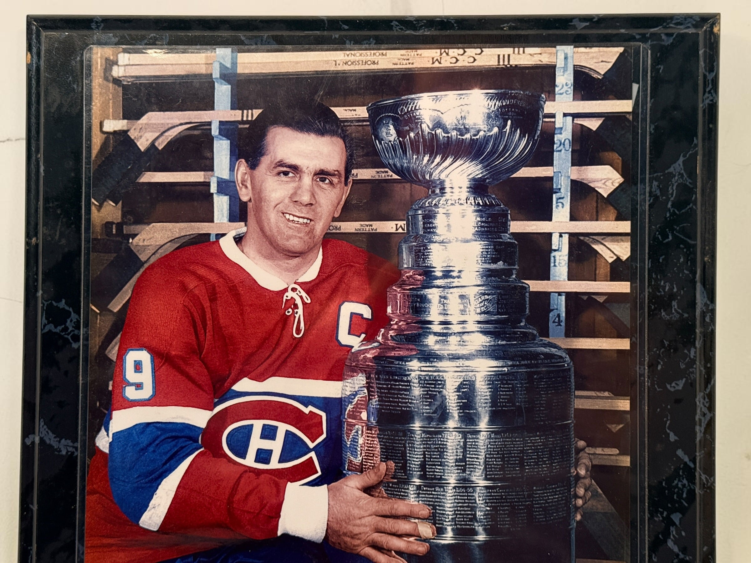 Vintage Maurice Richard framed Stanley Cup photo with Montreal Canadiens No. 9 jersey and nameplate. Classic Rocket Richard hockey memorabilia.