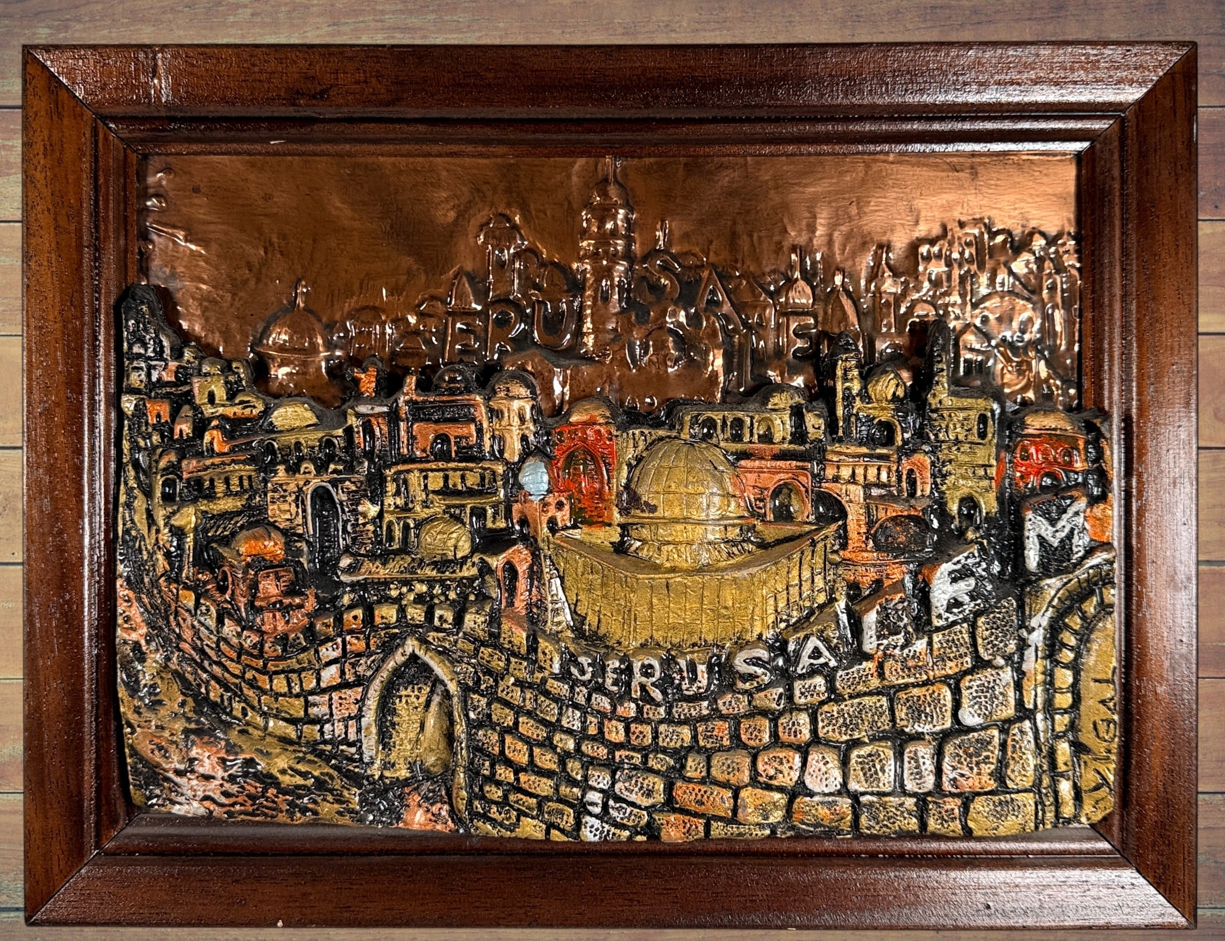 Vintage Yigal Jerusalem 3D relief plaque, framed Israeli Judaica wall art, 15x12.5 inch sculptural cityscape décor in good condition.