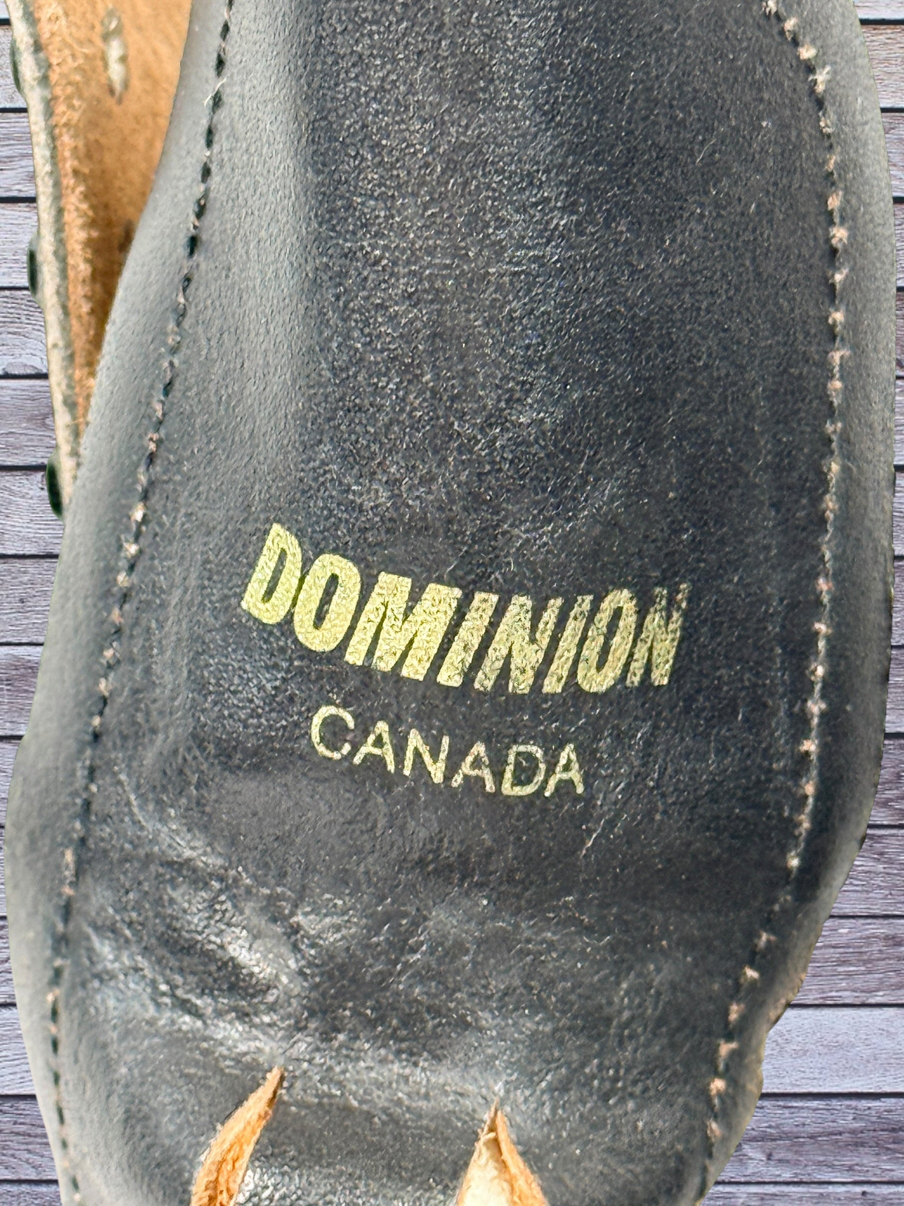Vintage Dominion Canada leather roller skates, black quad setup with original Dominion Precision wheels. Classic rink style, estimated men’s size 10.