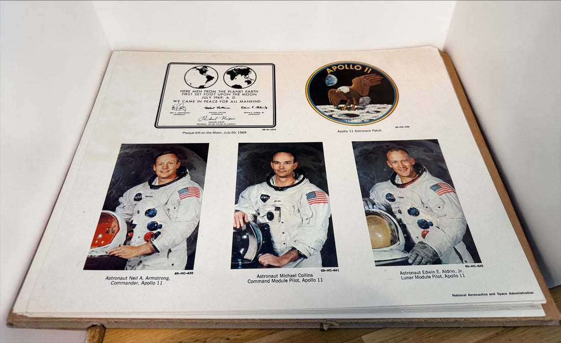 Vintage NASA Apollo lithograph collection with 19 official 11x14 prints and original U.S. Government Printing Office mailing envelope. Apollo 8–11.