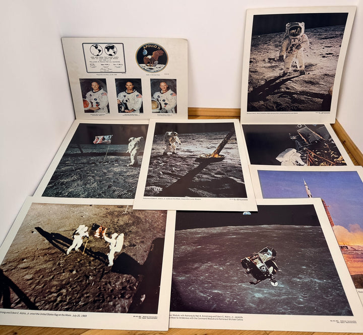 Vintage NASA Apollo lithograph collection with 19 official 11x14 prints and original U.S. Government Printing Office mailing envelope. Apollo 8–11.