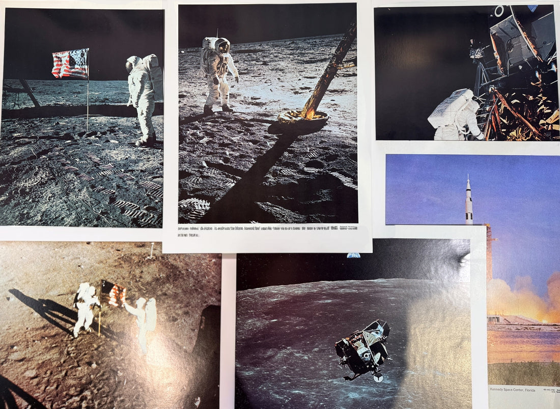 Vintage NASA Apollo lithograph collection with 19 official 11x14 prints and original U.S. Government Printing Office mailing envelope. Apollo 8–11.