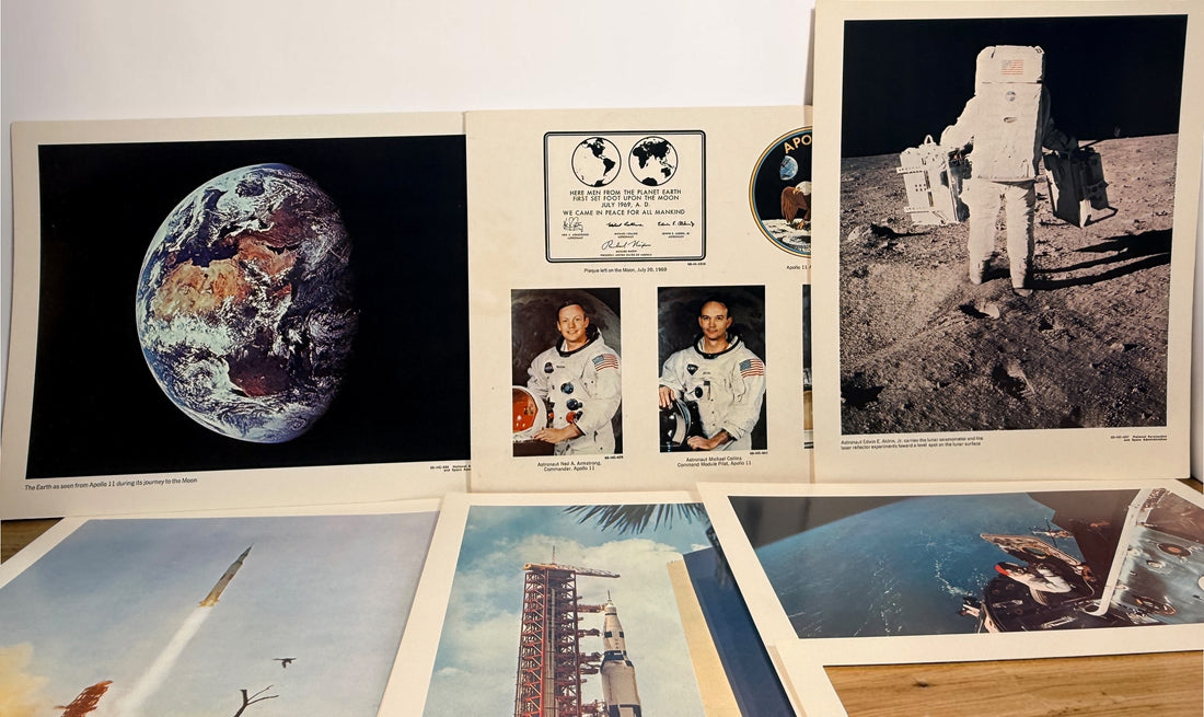 Vintage NASA Apollo lithograph collection with 19 official 11x14 prints and original U.S. Government Printing Office mailing envelope. Apollo 8–11.