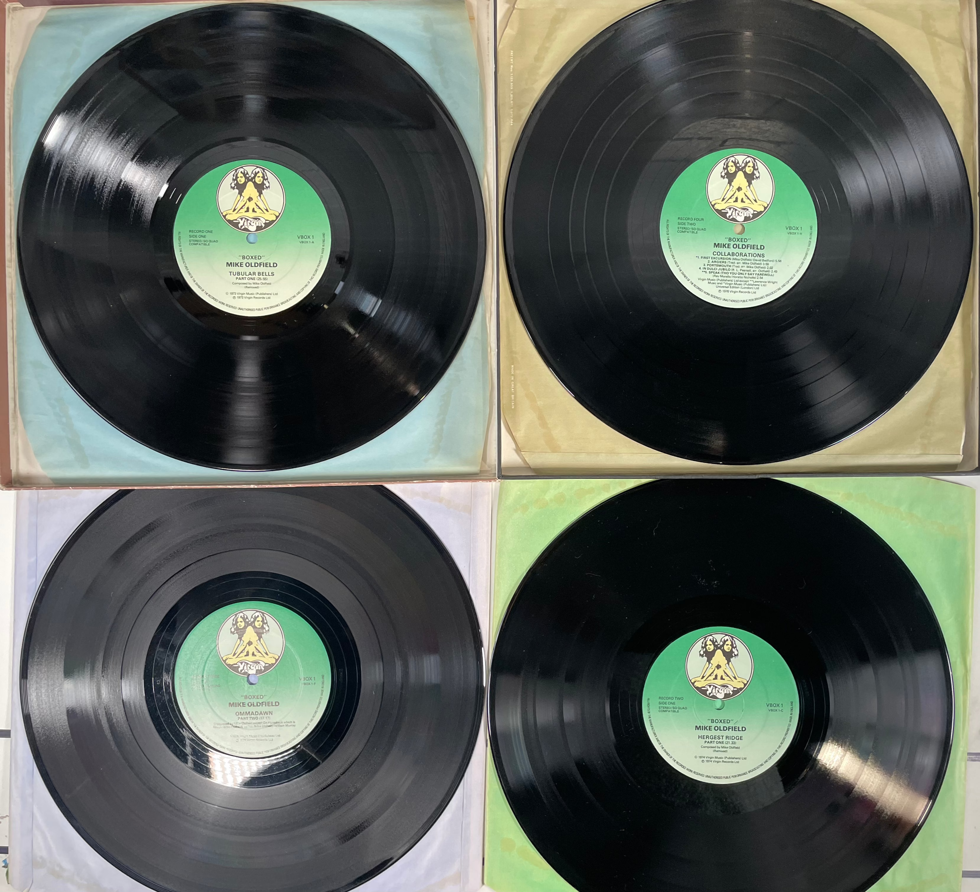 Coffret de compilation vinyle LP 4x Mike Oldfield en boîte Virgin VBOX1.