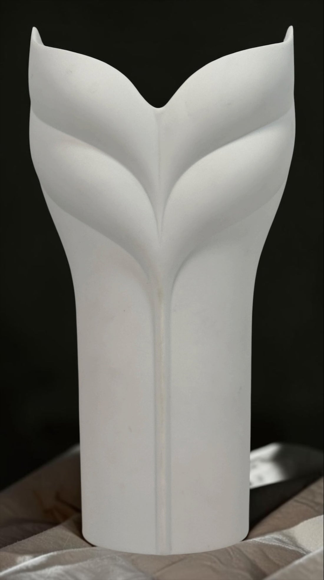 Vintage Rosenthal Studio-Linie German bisque porcelain vase with sculptural leaf relief and matte white modernist design, likely dating to the 1970s