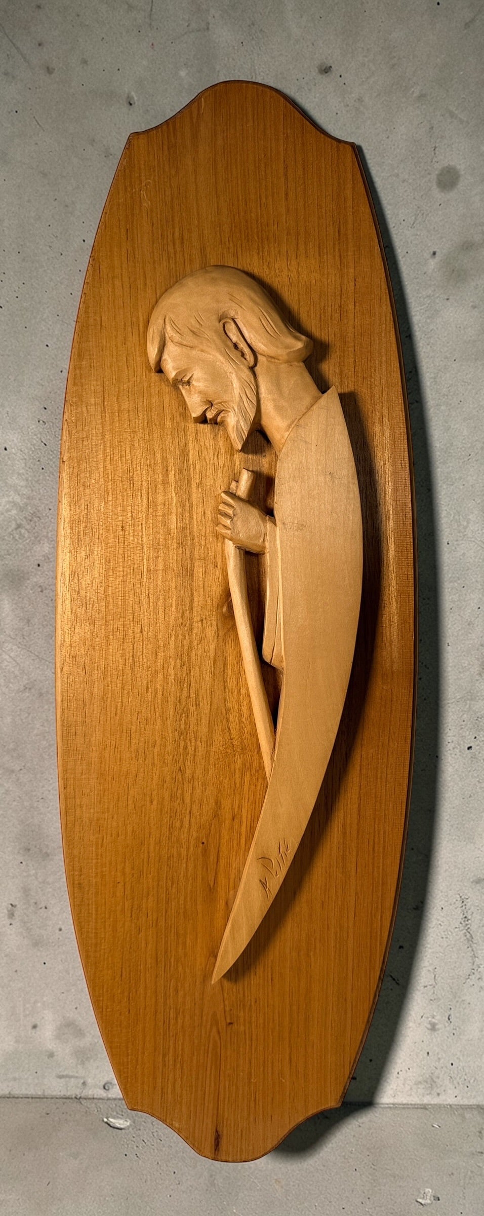 Signed Quebec folk art wood sculpture of Saint Joseph by André Pelletier, 23-inch hand-carved religious wall piece from Atelier MYRIAM.