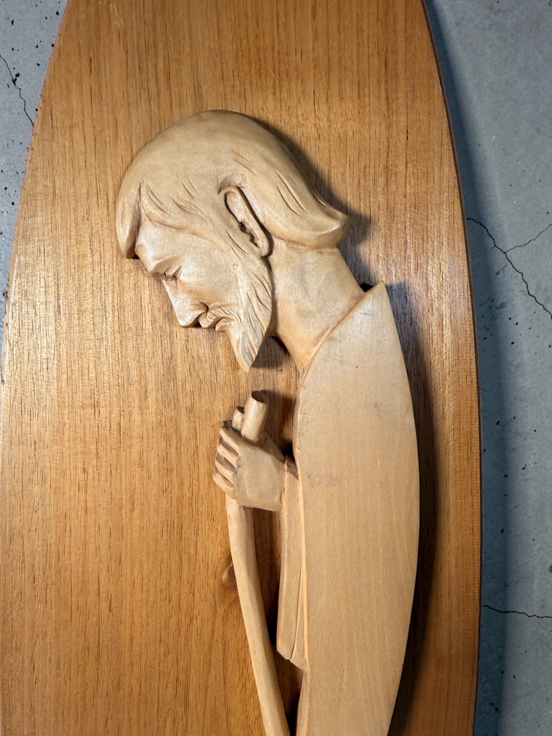 Signed Quebec folk art wood sculpture of Saint Joseph by André Pelletier, 23-inch hand-carved religious wall piece from Atelier MYRIAM.