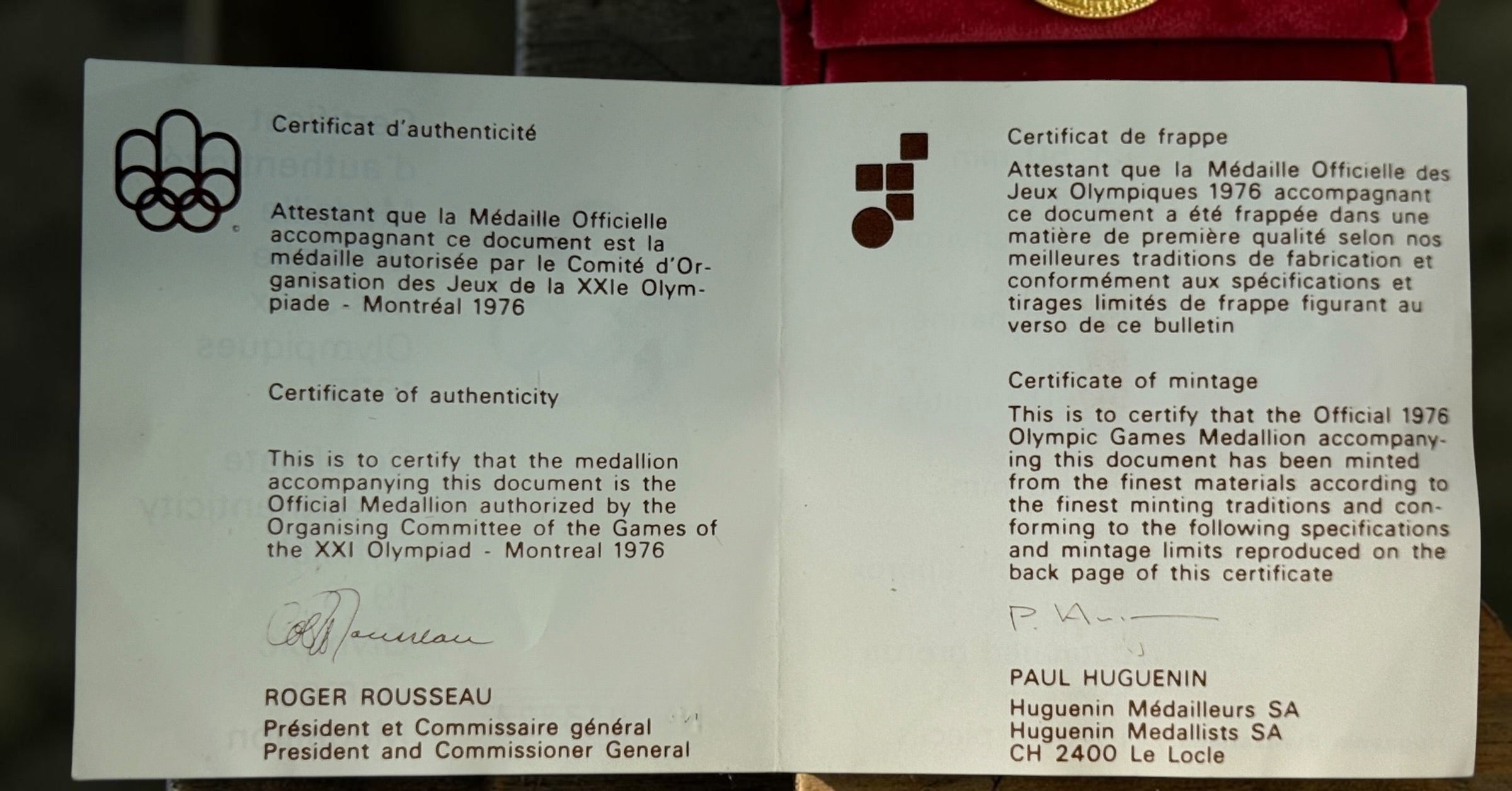 Official 1976 Montréal Olympics bronze medallion by Huguenin Switzerland with original red case and numbered COA #013824. Vintage Olympic collectible.