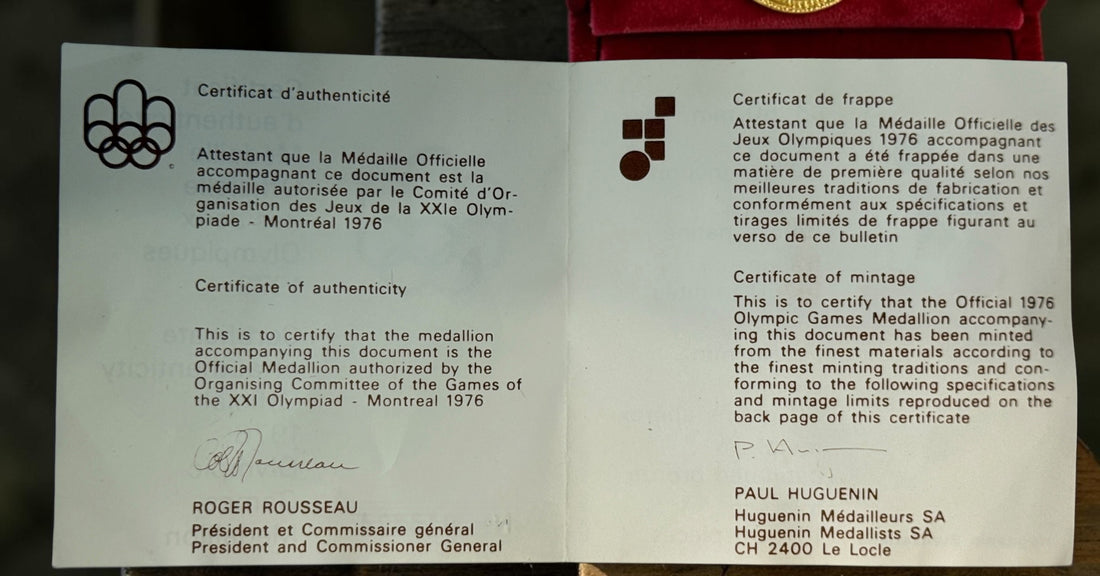 Official 1976 Montréal Olympics bronze medallion by Huguenin Switzerland with original red case and numbered COA #013824. Vintage Olympic collectible.