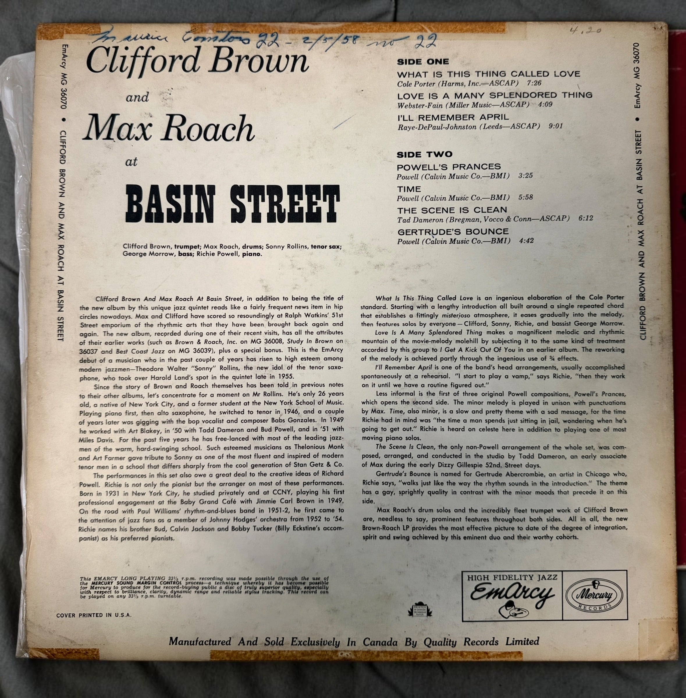 
1956 Clifford Brown &amp; Max Roach At Basin Street Canadian EmArcy MG-36070 mono vinyl LP featuring Sonny Rollins. Original vintage hard-bop jazz record.