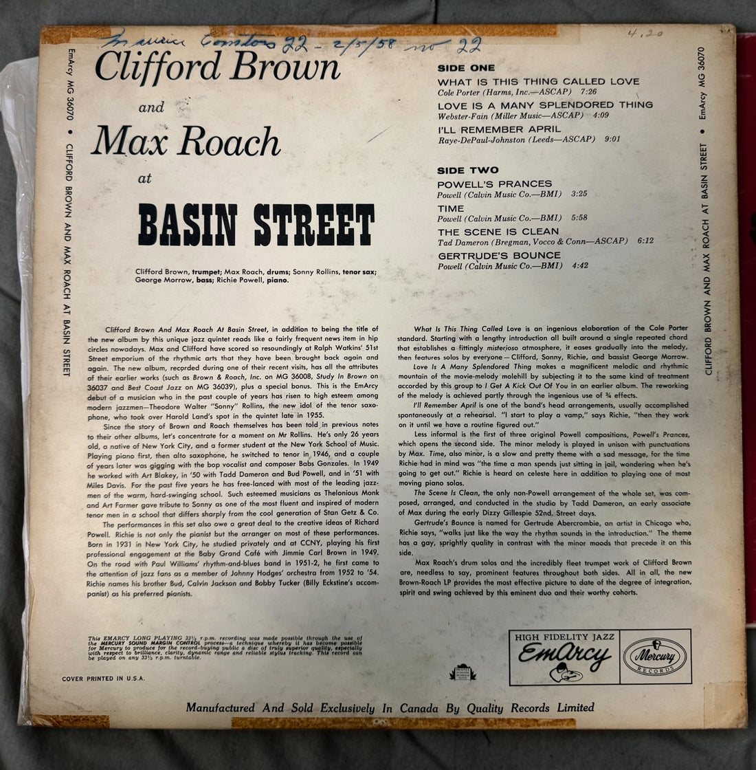 
1956 Clifford Brown &amp; Max Roach At Basin Street Canadian EmArcy MG-36070 mono vinyl LP featuring Sonny Rollins. Original vintage hard-bop jazz record.