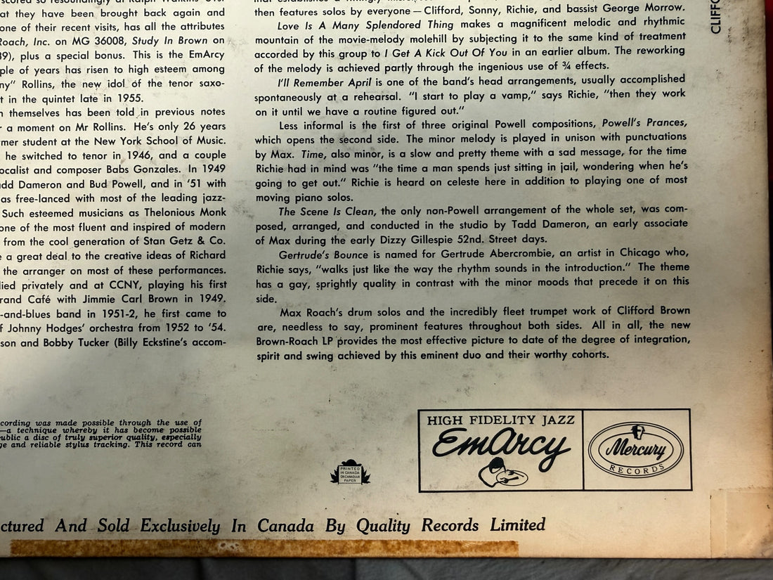 
1956 Clifford Brown &amp; Max Roach At Basin Street Canadian EmArcy MG-36070 mono vinyl LP featuring Sonny Rollins. Original vintage hard-bop jazz record.