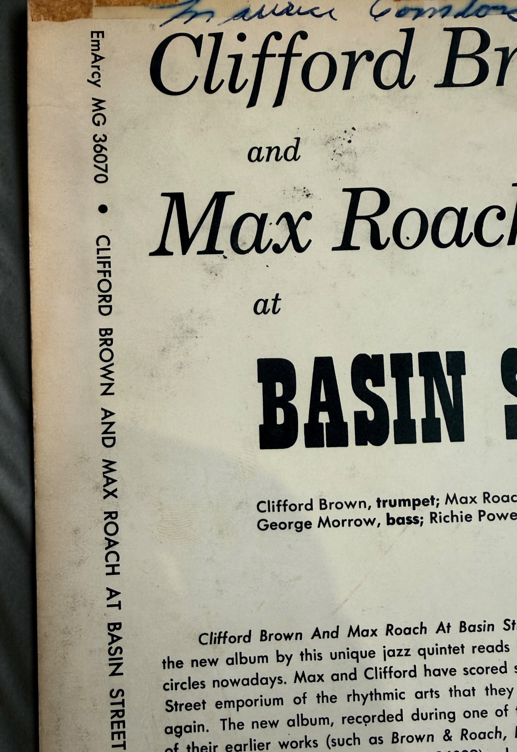 
1956 Clifford Brown &amp; Max Roach At Basin Street Canadian EmArcy MG-36070 mono vinyl LP featuring Sonny Rollins. Original vintage hard-bop jazz record.