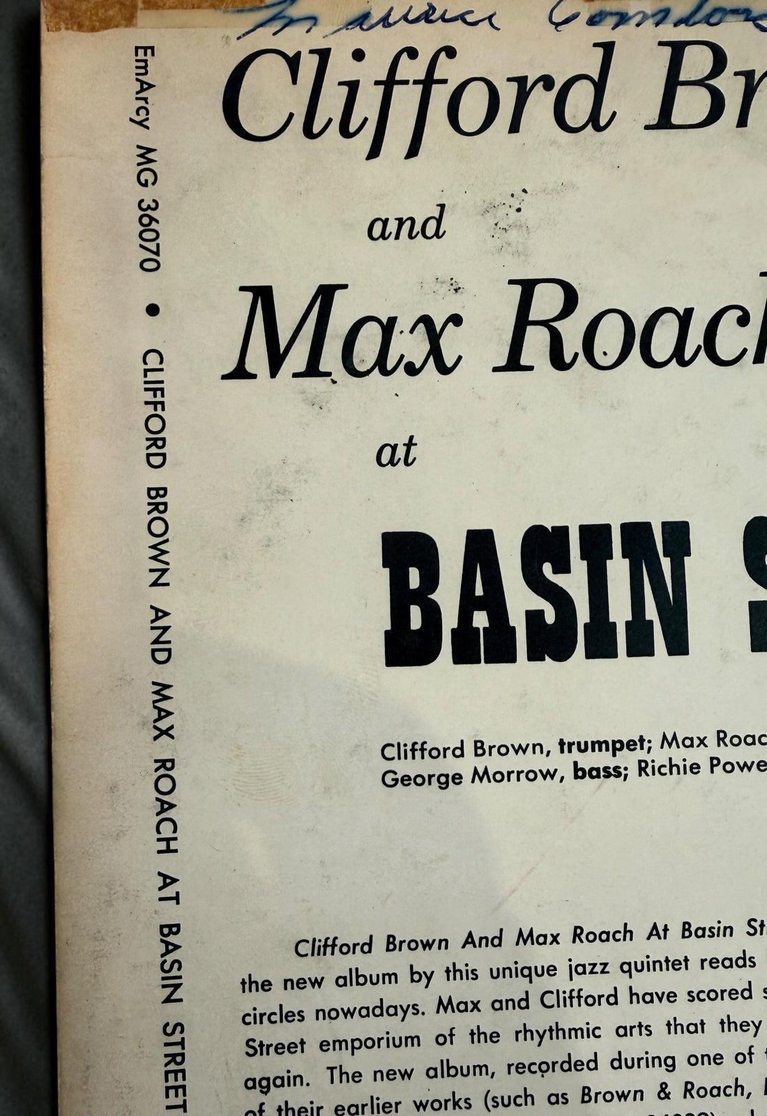 
1956 Clifford Brown &amp; Max Roach At Basin Street Canadian EmArcy MG-36070 mono vinyl LP featuring Sonny Rollins. Original vintage hard-bop jazz record.