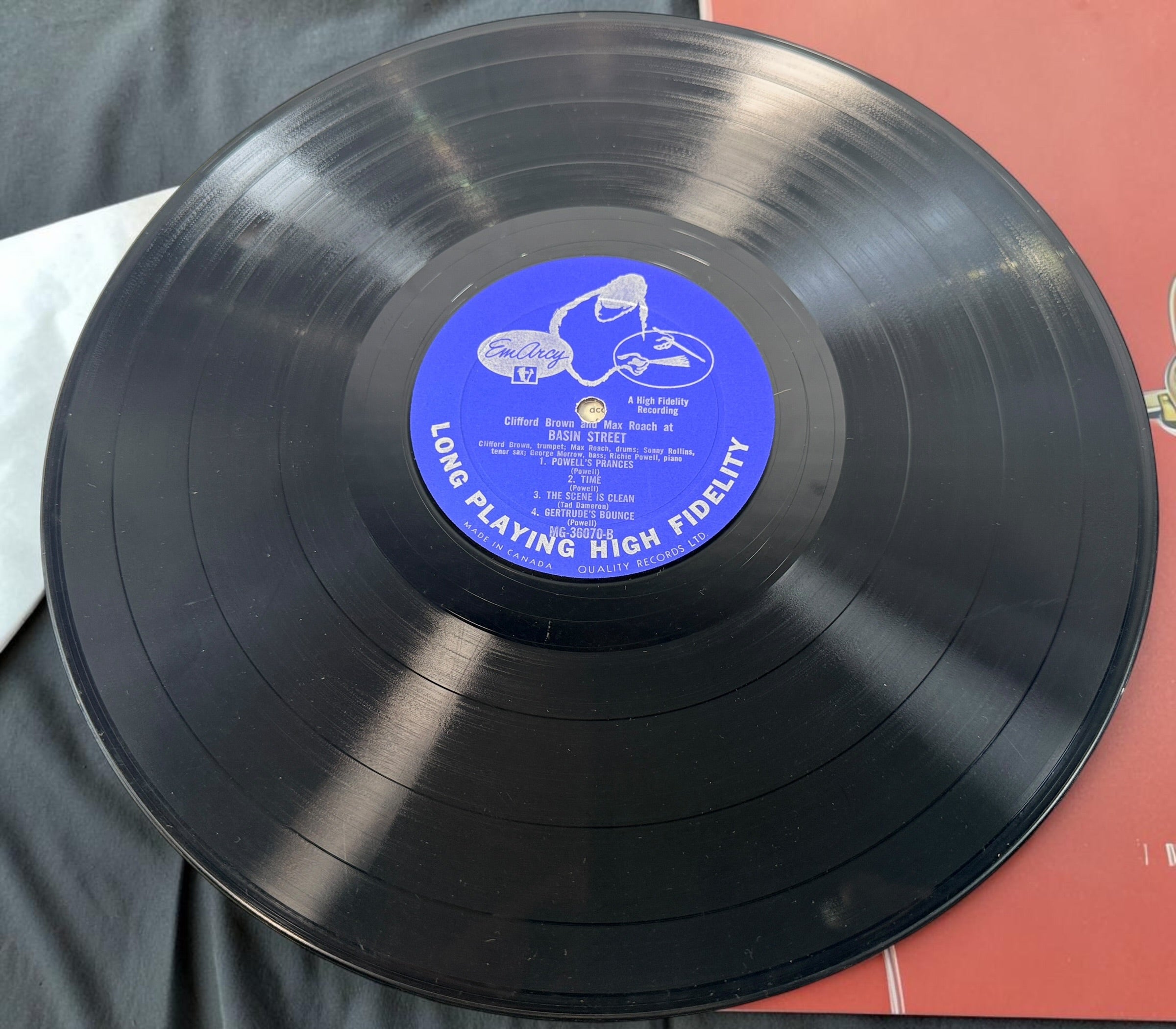 
1956 Clifford Brown &amp; Max Roach At Basin Street Canadian EmArcy MG-36070 mono vinyl LP featuring Sonny Rollins. Original vintage hard-bop jazz record.