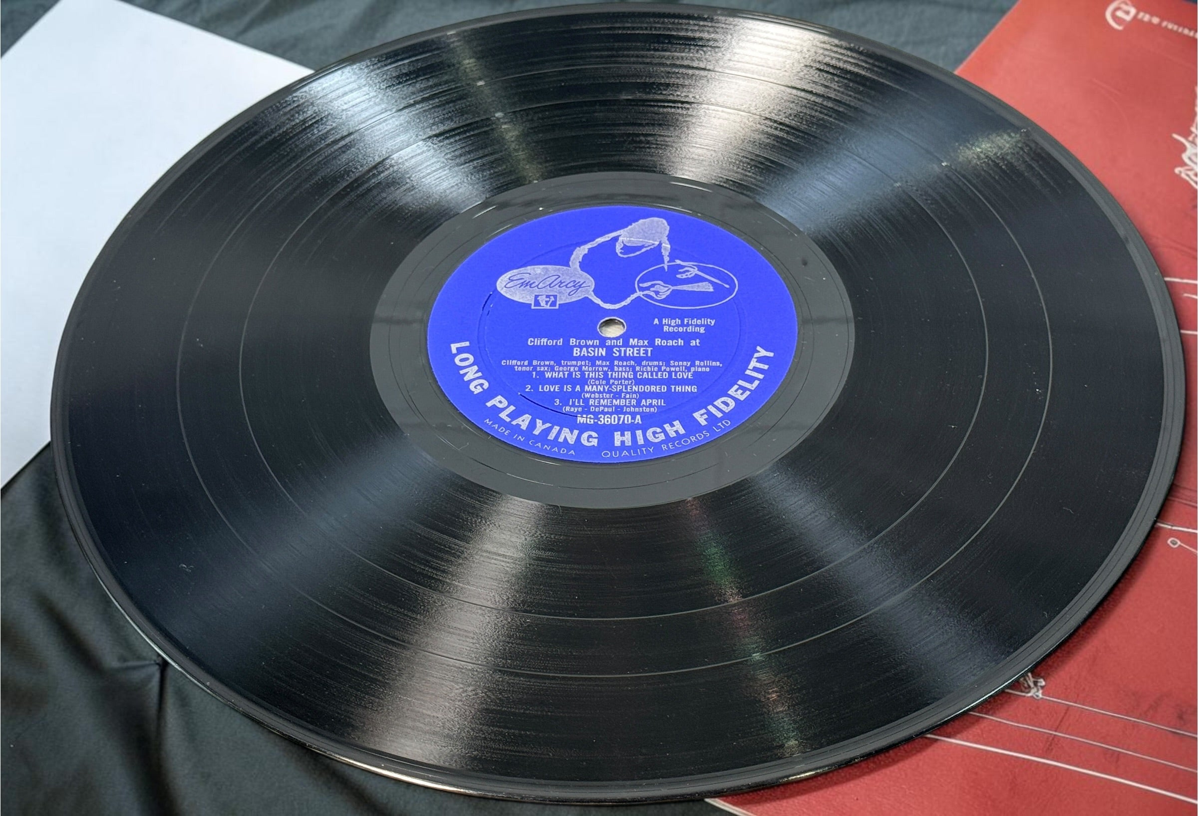
1956 Clifford Brown &amp; Max Roach At Basin Street Canadian EmArcy MG-36070 mono vinyl LP featuring Sonny Rollins. Original vintage hard-bop jazz record.