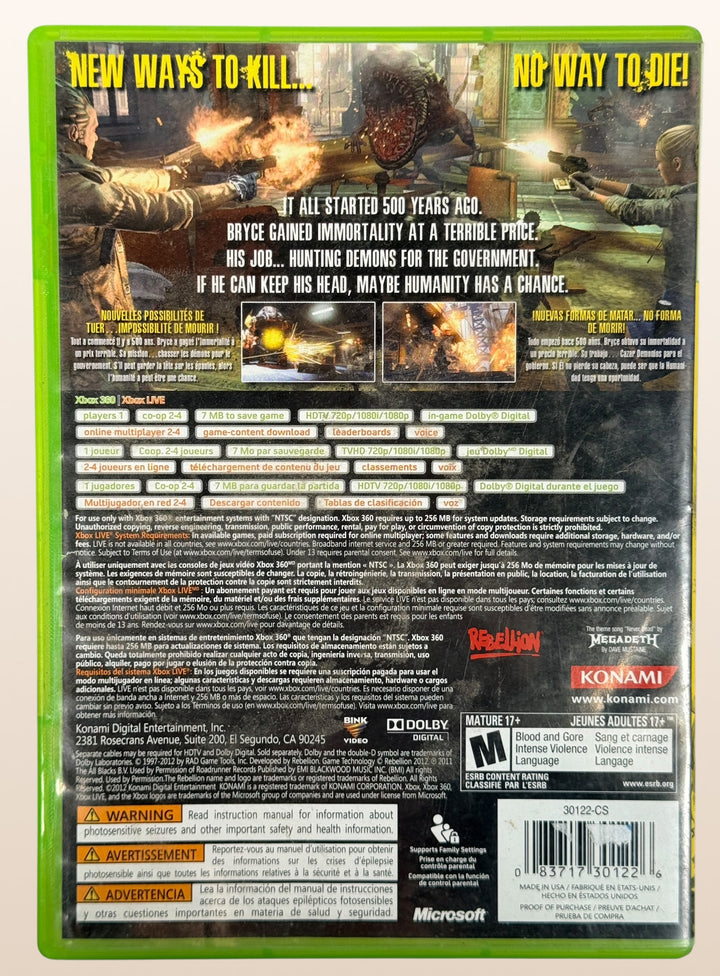 NeverDead for Xbox 360 by Konami. Cult action horror shooter with unique gameplay mechanics. Includes original case and disc in very good condition.