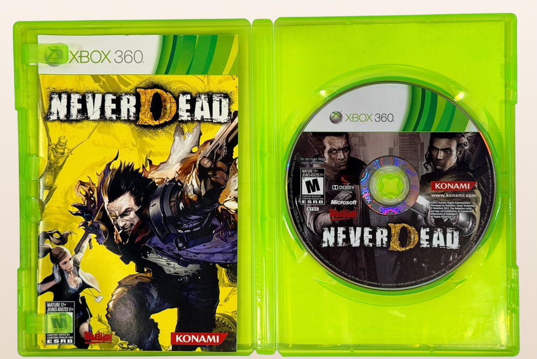 NeverDead for Xbox 360 by Konami. Cult action horror shooter with unique gameplay mechanics. Includes original case and disc in very good condition.