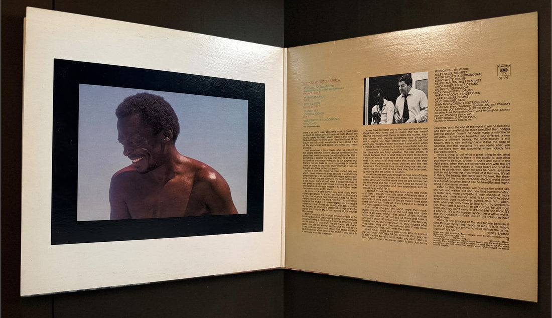 Vintage Miles Davis Bitches Brew Canadian Columbia GP 26 double vinyl LP with iconic Mati Klarwein gatefold artwork. Classic jazz fusion.