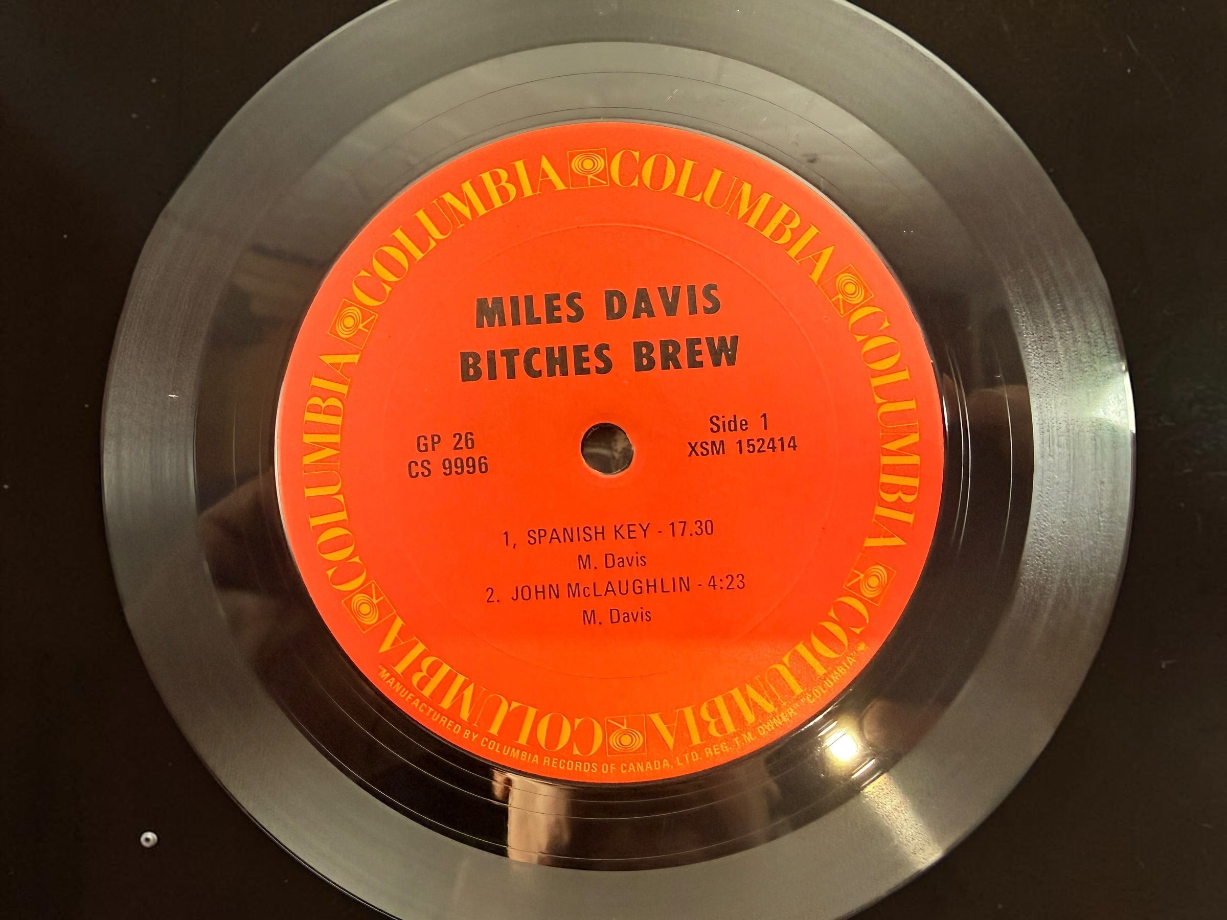 Vintage Miles Davis Bitches Brew Canadian Columbia GP 26 double vinyl LP with iconic Mati Klarwein gatefold artwork. Classic jazz fusion.