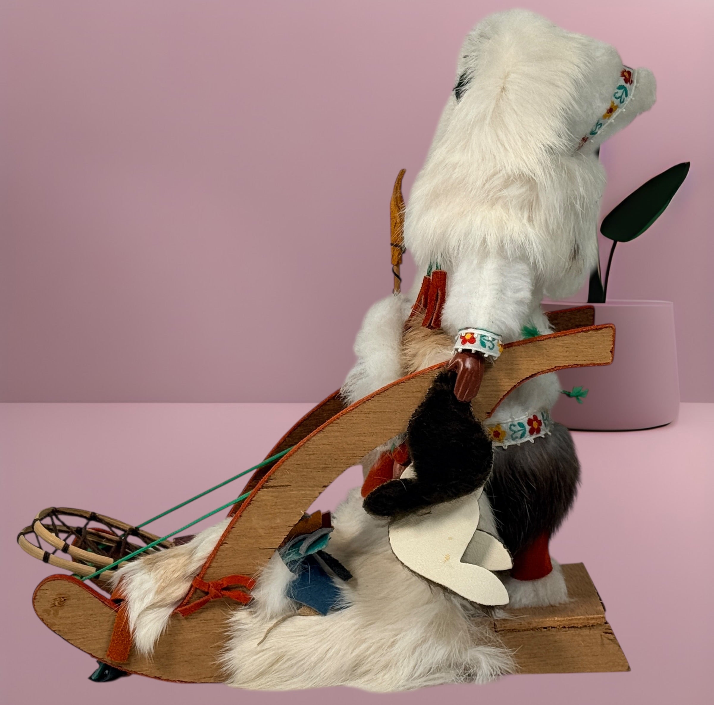 Vintage 1960s Arctic mother and child fur doll with wooden sled. Mid-century Canadiana winter décor in very good condition. Eco Depot Montreal.