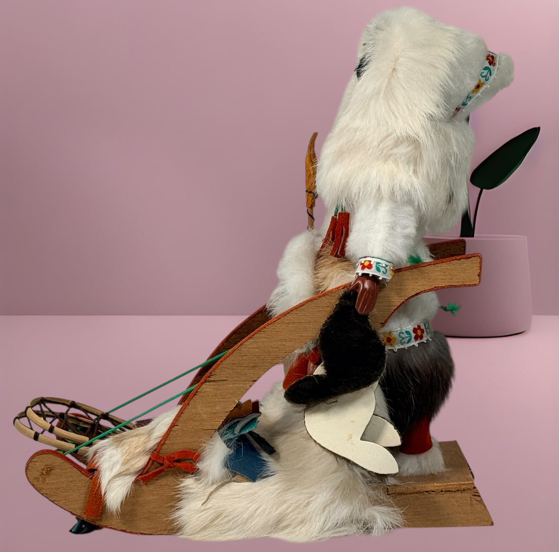 Vintage 1960s Arctic mother and child fur doll with wooden sled. Mid-century Canadiana winter décor in very good condition. Eco Depot Montreal.
