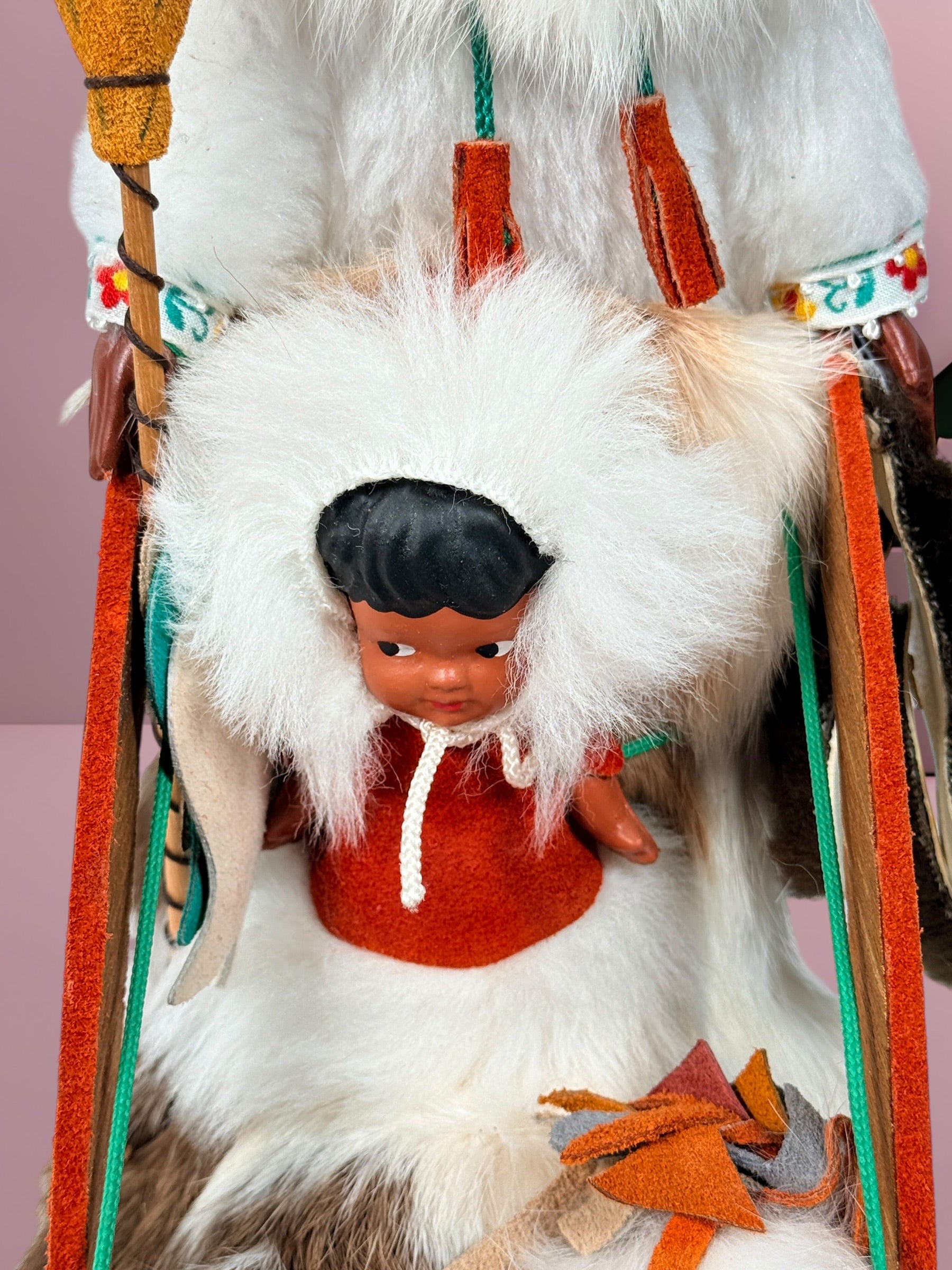 Vintage 1960s Arctic mother and child fur doll with wooden sled. Mid-century Canadiana winter décor in very good condition. Eco Depot Montreal.