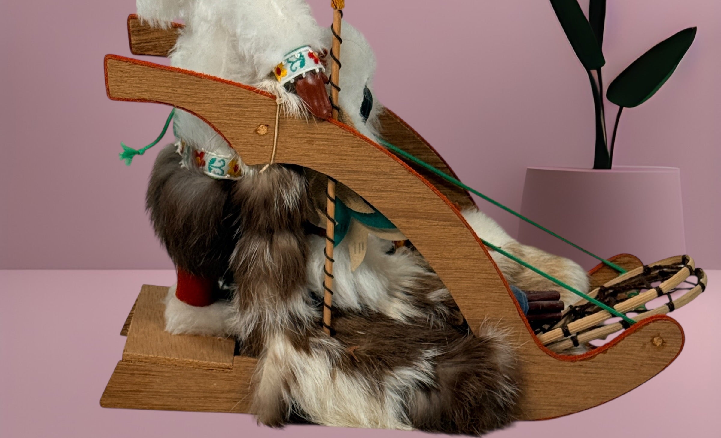 Vintage 1960s Arctic mother and child fur doll with wooden sled. Mid-century Canadiana winter décor in very good condition. Eco Depot Montreal.
