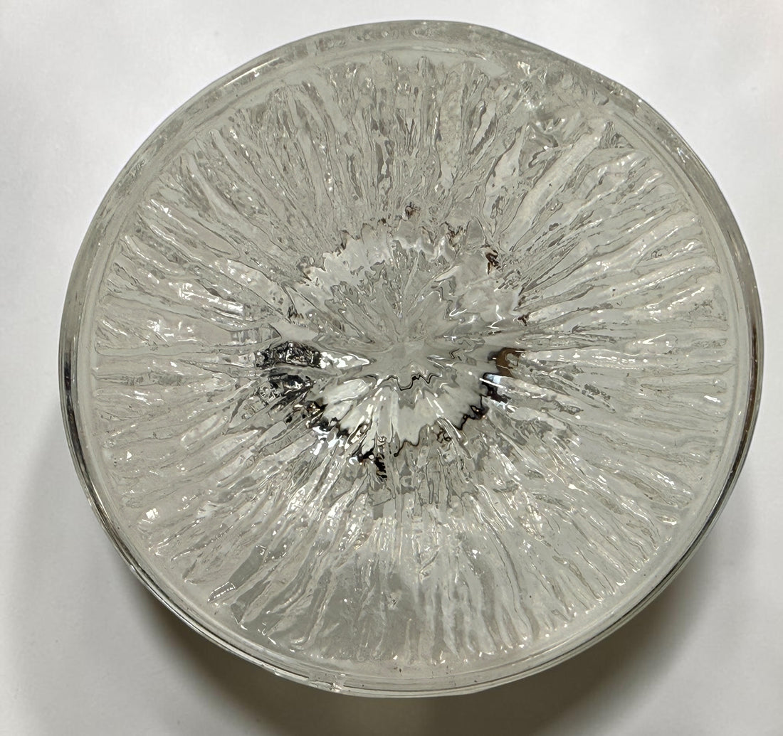 Vintage Finnish Iittala-style champagne flute with textured ice-effect base. Scandinavian Modern clear glassware, sold individually.