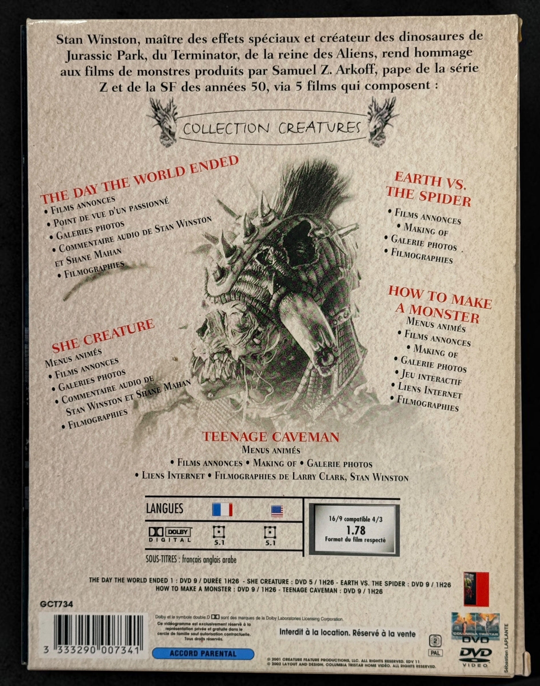 Creature Features 5-DVD Region 2 PAL box set featuring She Creature, Earth vs. the Spider, Teenage Caveman and more. Collectible Stan Winston set.