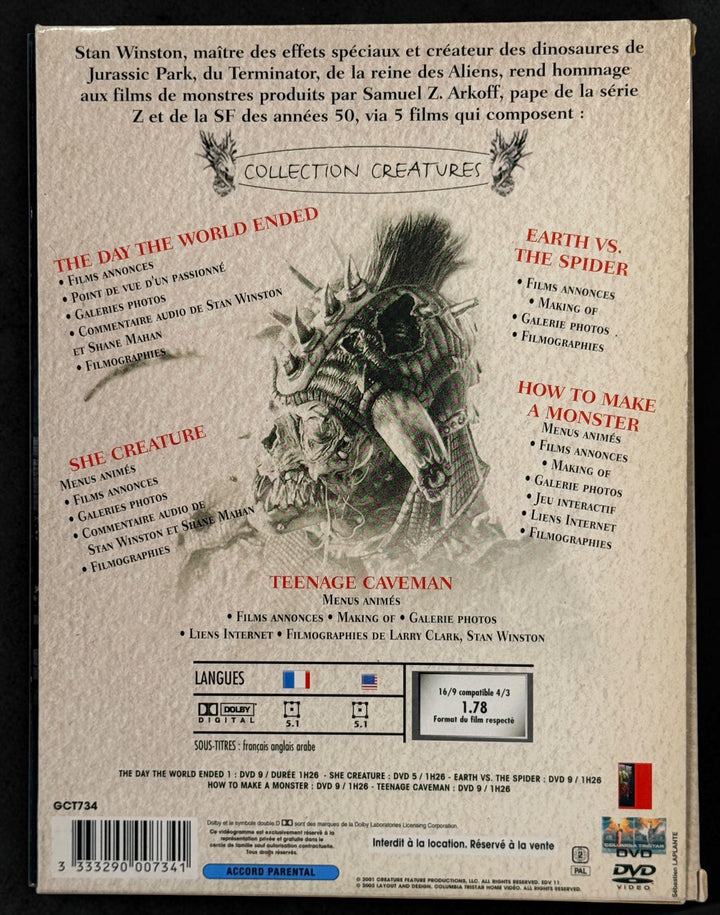 Creature Features 5-DVD Region 2 PAL box set featuring She Creature, Earth vs. the Spider, Teenage Caveman and more. Collectible Stan Winston set.