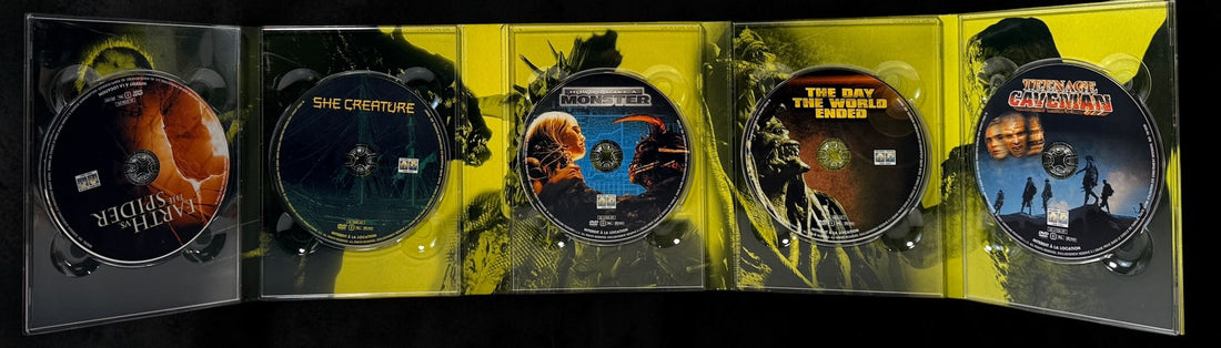 Creature Features 5-DVD Region 2 PAL box set featuring She Creature, Earth vs. the Spider, Teenage Caveman and more. Collectible Stan Winston set.