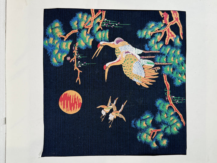 Thai Silk Screen Print – Cranes & Pine Scene, 40 cm