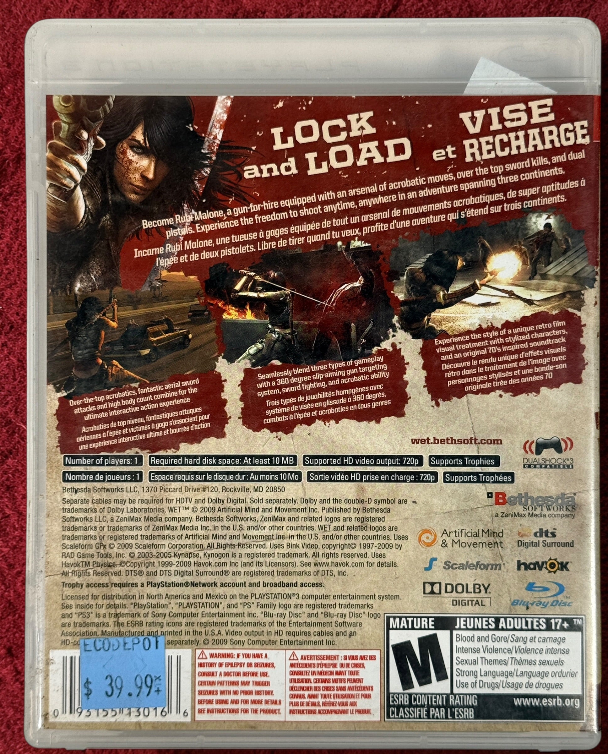 Complete PS3 copy of WET by Bethesda. Cult action shooter featuring acrobatic gunplay, stylized visuals, and Rubi Malone gameplay. Includes case, manual, and disc.