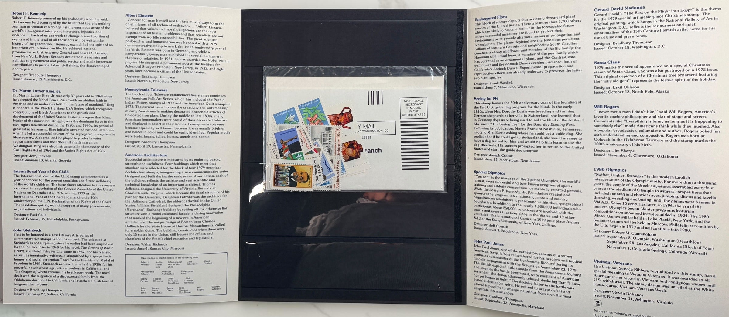 Vintage lot of 14 USPS Mint Sets of Commemorative Stamps from 1975–1979 with original stamps and presentation materials. Collectible U.S. postal history.