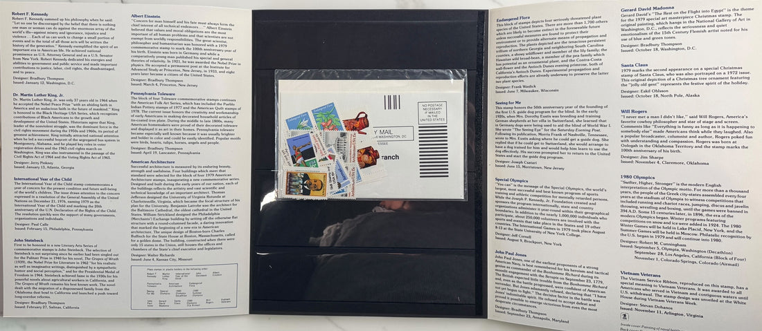 Vintage lot of 14 USPS Mint Sets of Commemorative Stamps from 1975–1979 with original stamps and presentation materials. Collectible U.S. postal history.