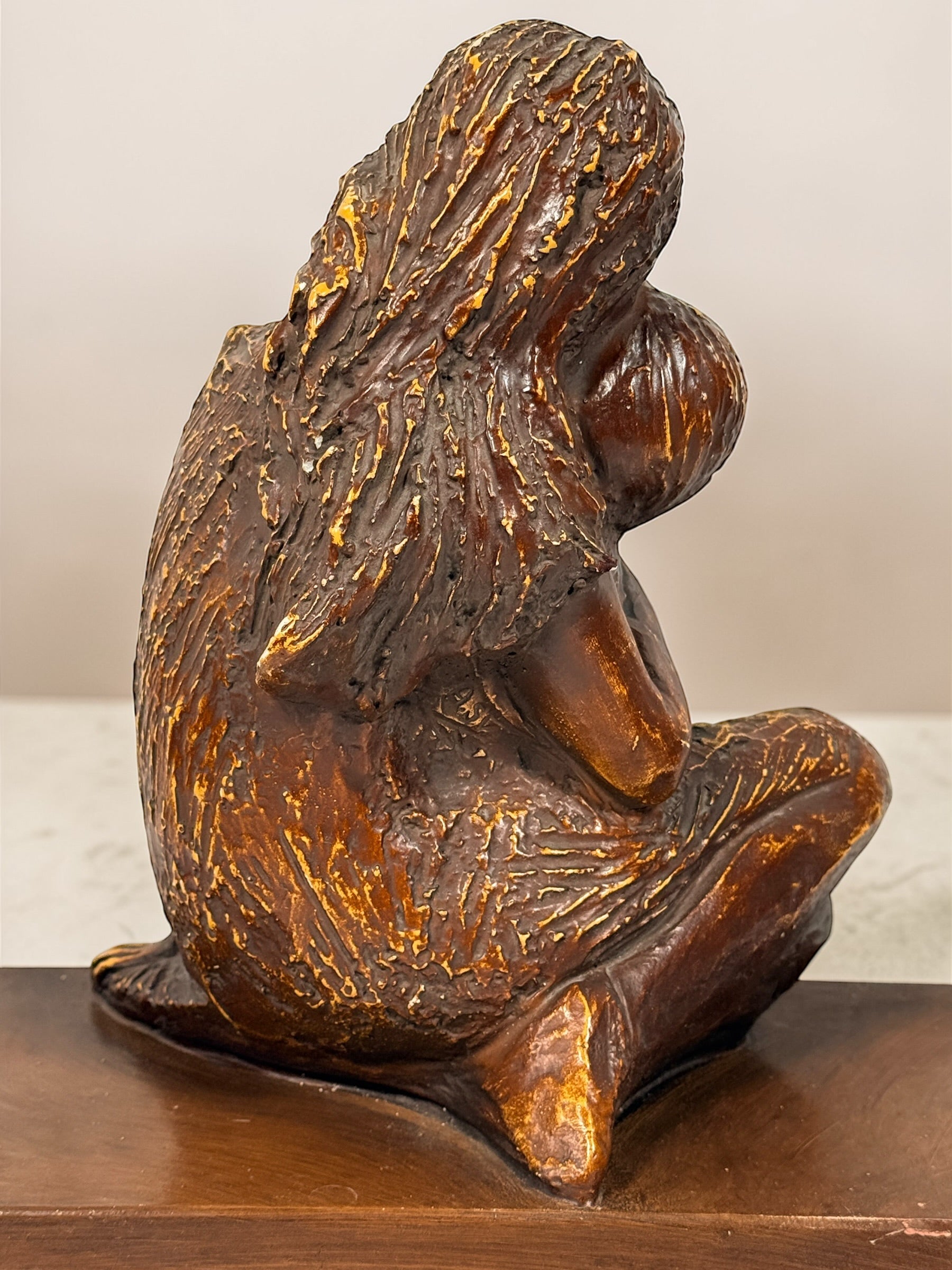 Vintage mother and child sculpture with bronze and gold finish. Modernist decorative figurine, 11.5 inches tall, ideal for mid-century or contemporary décor.