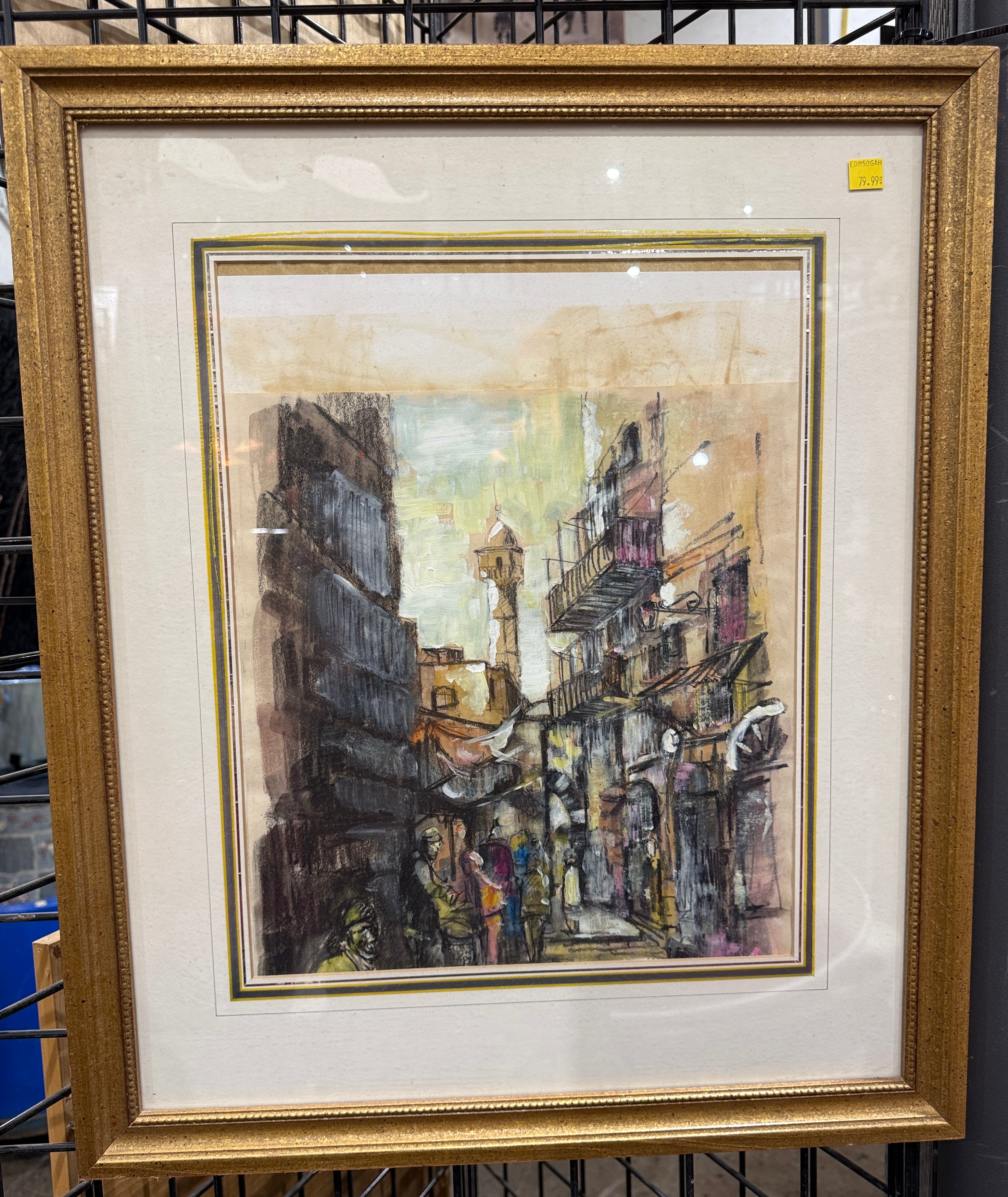 Vintage Urban Street Scene Painting – Framed Mixed Media Art
