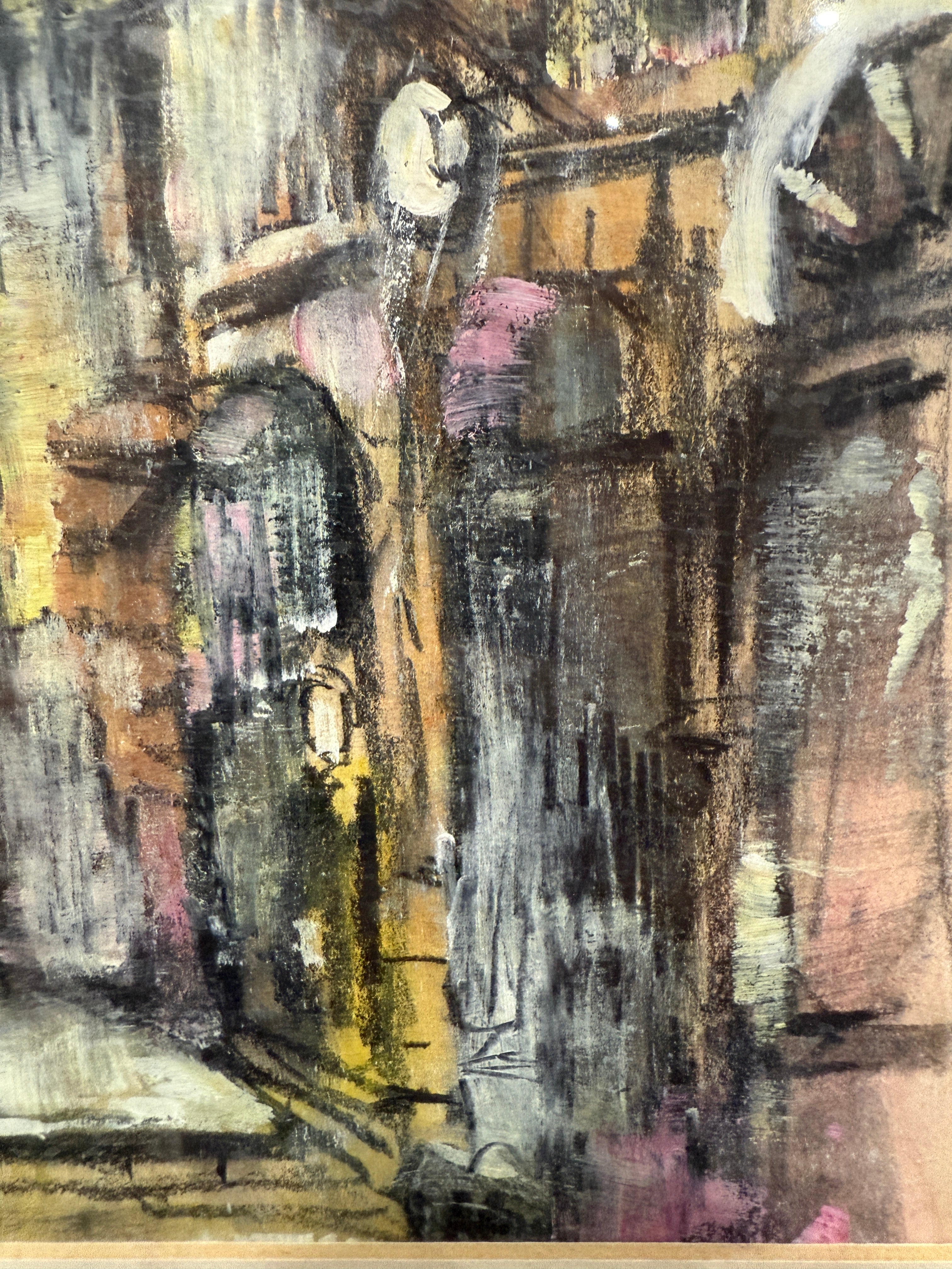 Vintage Urban Street Scene Painting – Framed Mixed Media Art