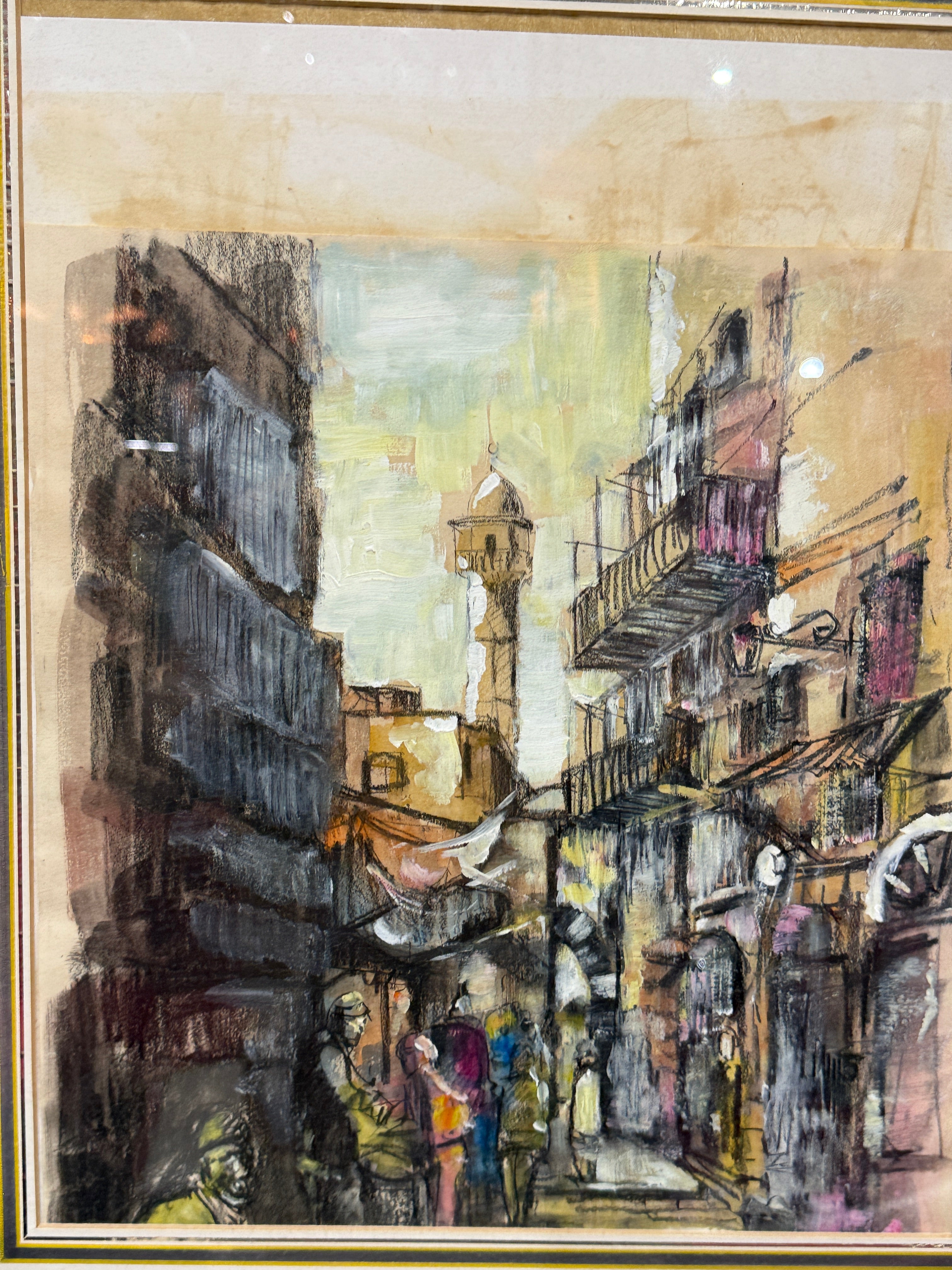 Vintage Urban Street Scene Painting – Framed Mixed Media Art