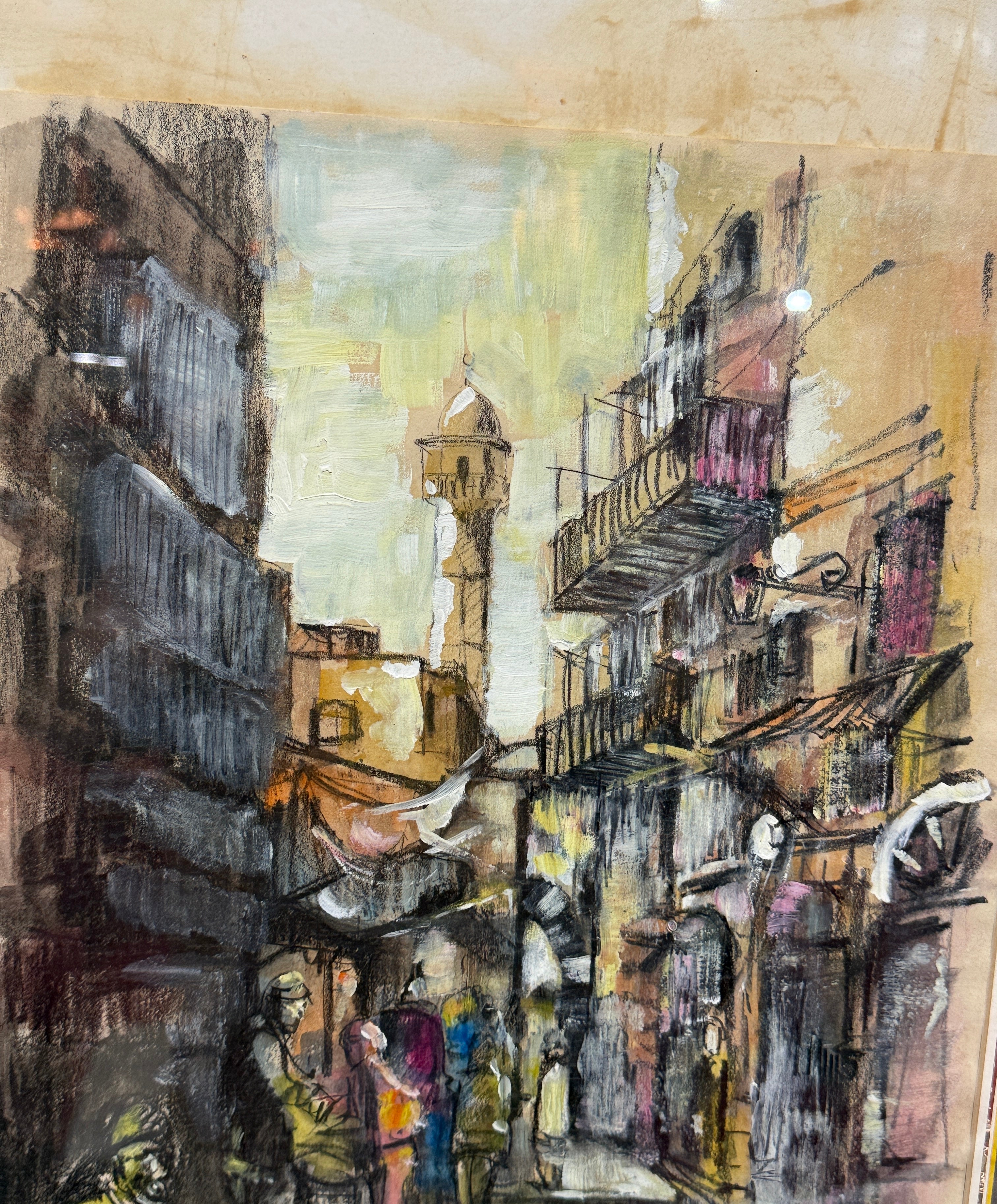 Vintage Urban Street Scene Painting – Framed Mixed Media Art